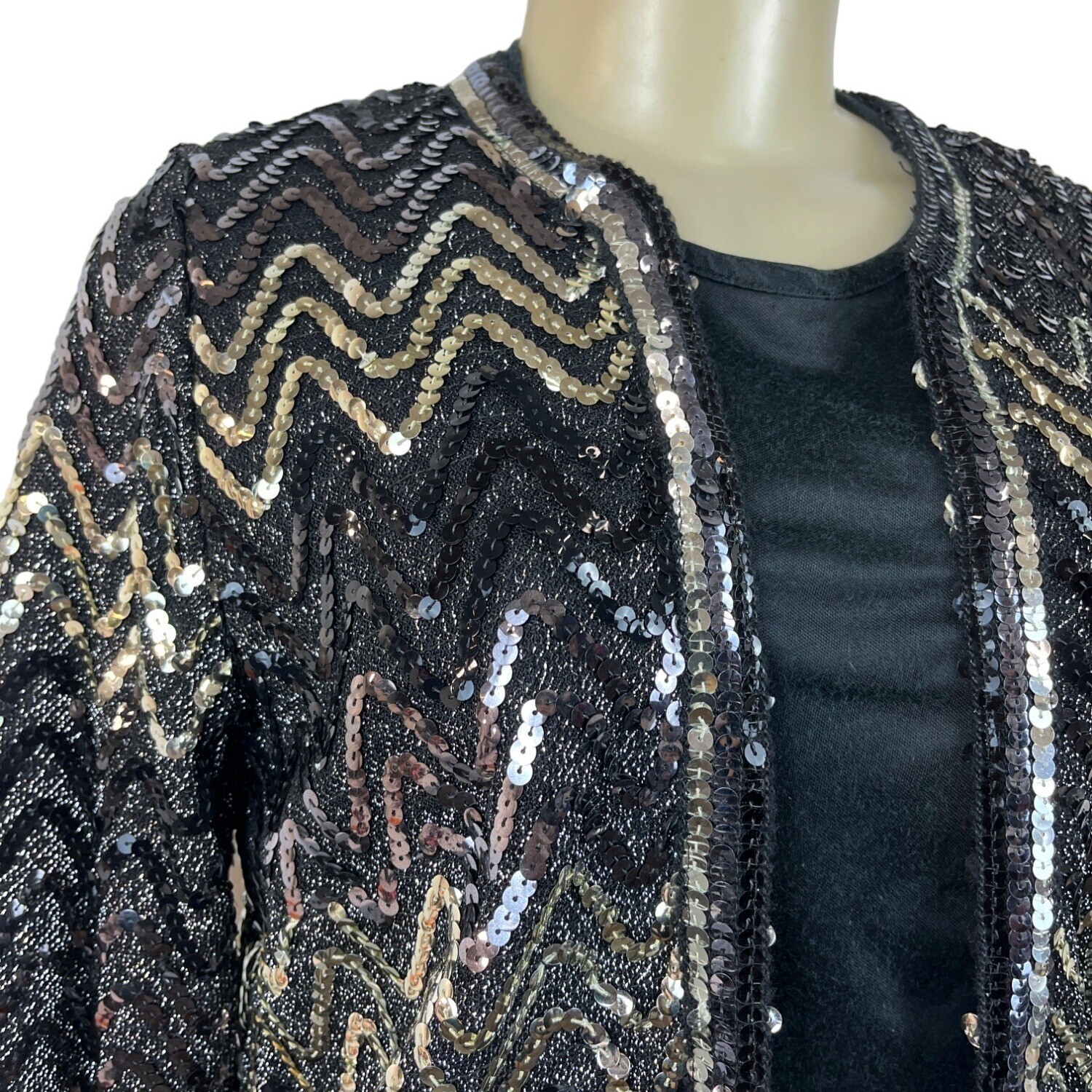 Vintage Montgomery Ward Sequin Chevron Pattern Jacket Black & Gold Zigzag Design