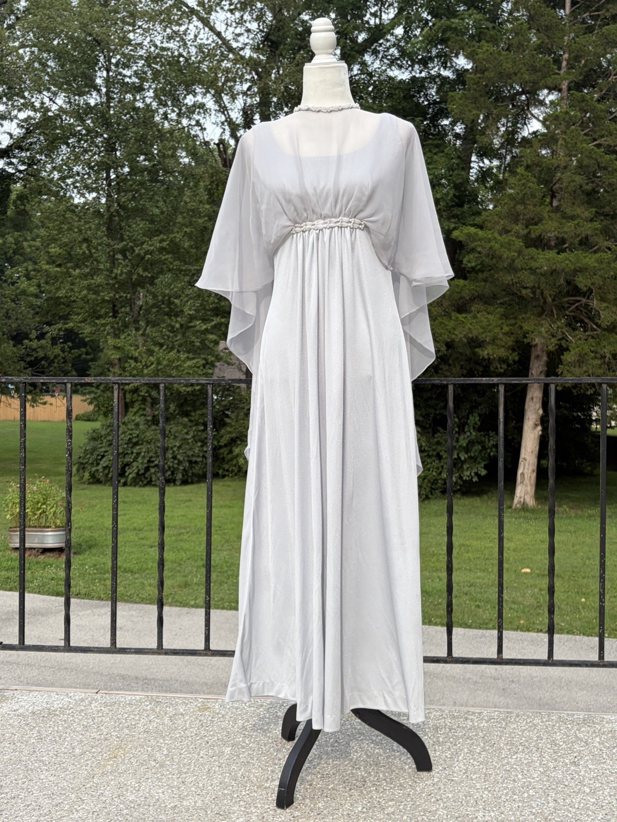 Vintage Emma Domb Silver Gray Chiffon Capelet Maxi Dress 70s 60s Hollywood Glam