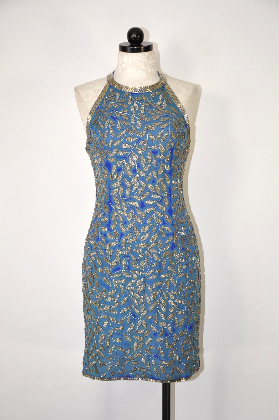 80s Vintage Blue Silk Silver Beaded Jeweled Leaves Backless Halter Mini Dress S