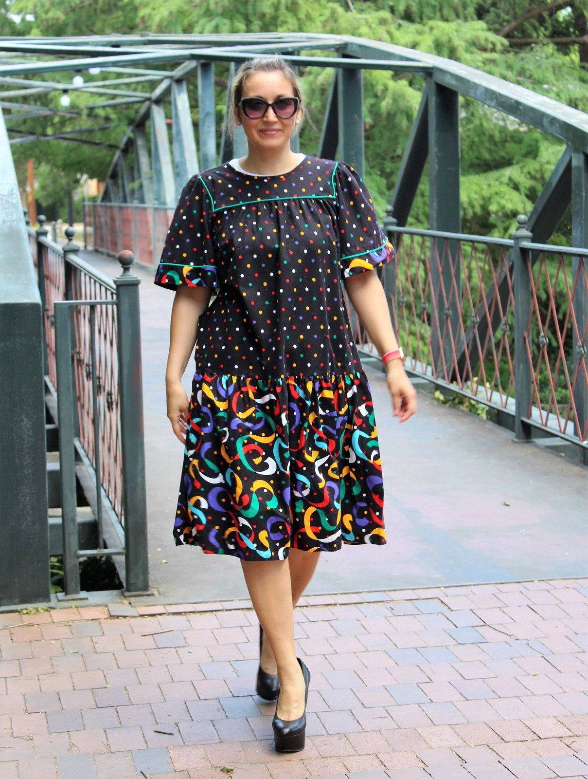 Vintage 80s Appel Caftan Dress Large Women Multicolor Cotton Loose Fit