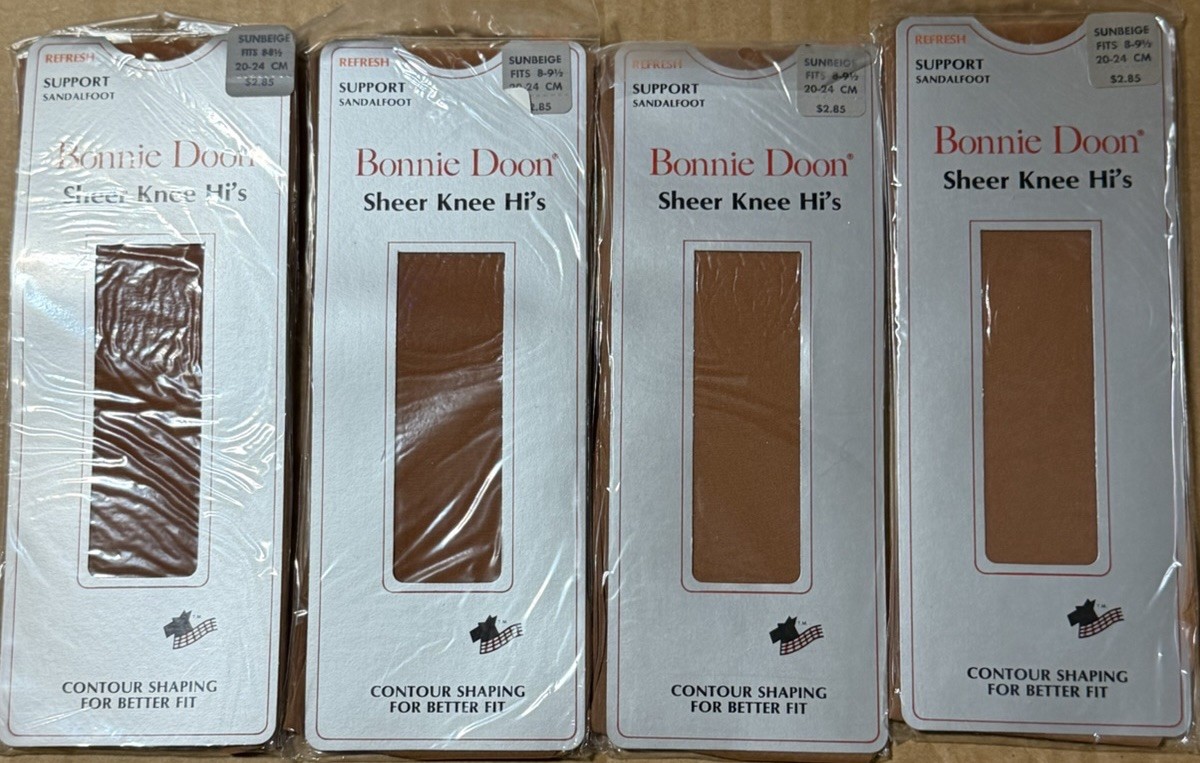 4 Vintage Bonnie Doon Sunbeige Sheer Support Knee Hi Stockings Sandalfoot NOS