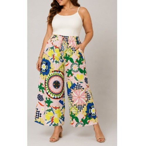 Anthropologie Women’s Pink Citrus Tile Print Wide Leg Pants Size XL NWT