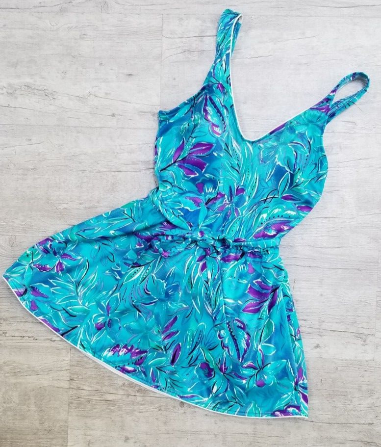New w/o Tags Maxine of Hollywood Blue Purple Floral Swim Dress One Piece – M/L