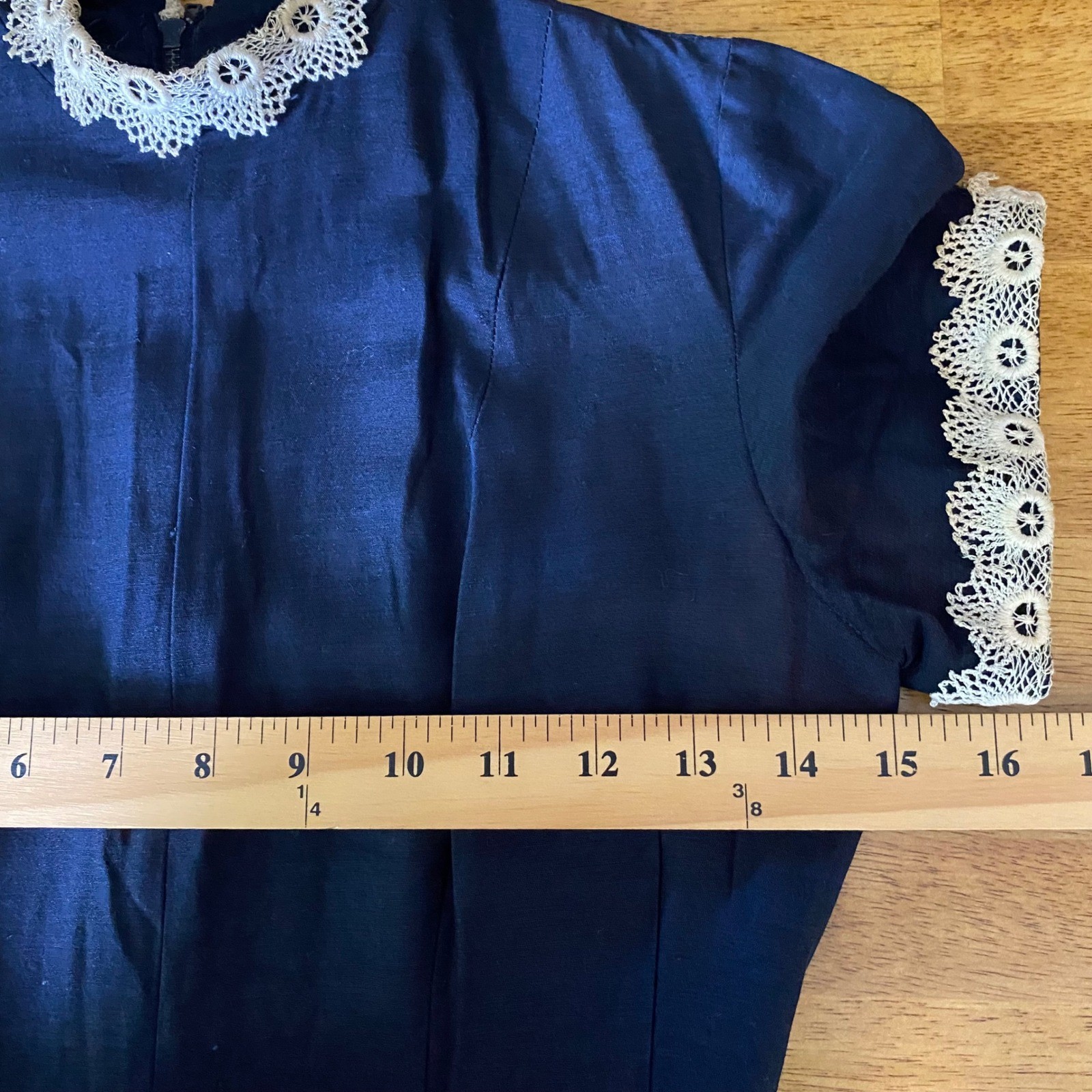 Vintage 1950s Kerrybrooke Dress Size XS Navy Blue Lace Trim Fit Flare Rockabilly