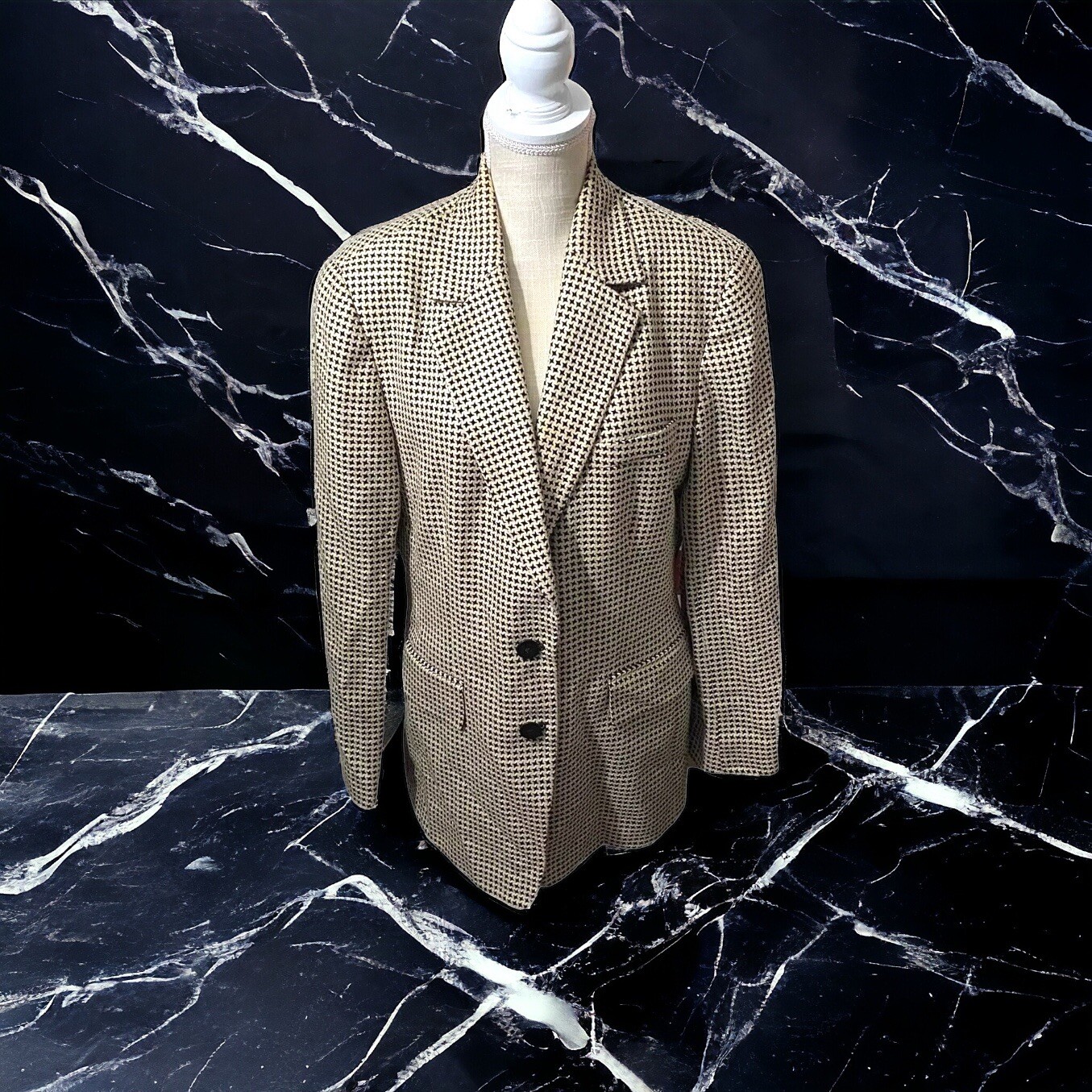 Vtg Anne Klein USA Gold & Black Houndstooth 2-Button Blazer Sz 14 Silk Linen Mix