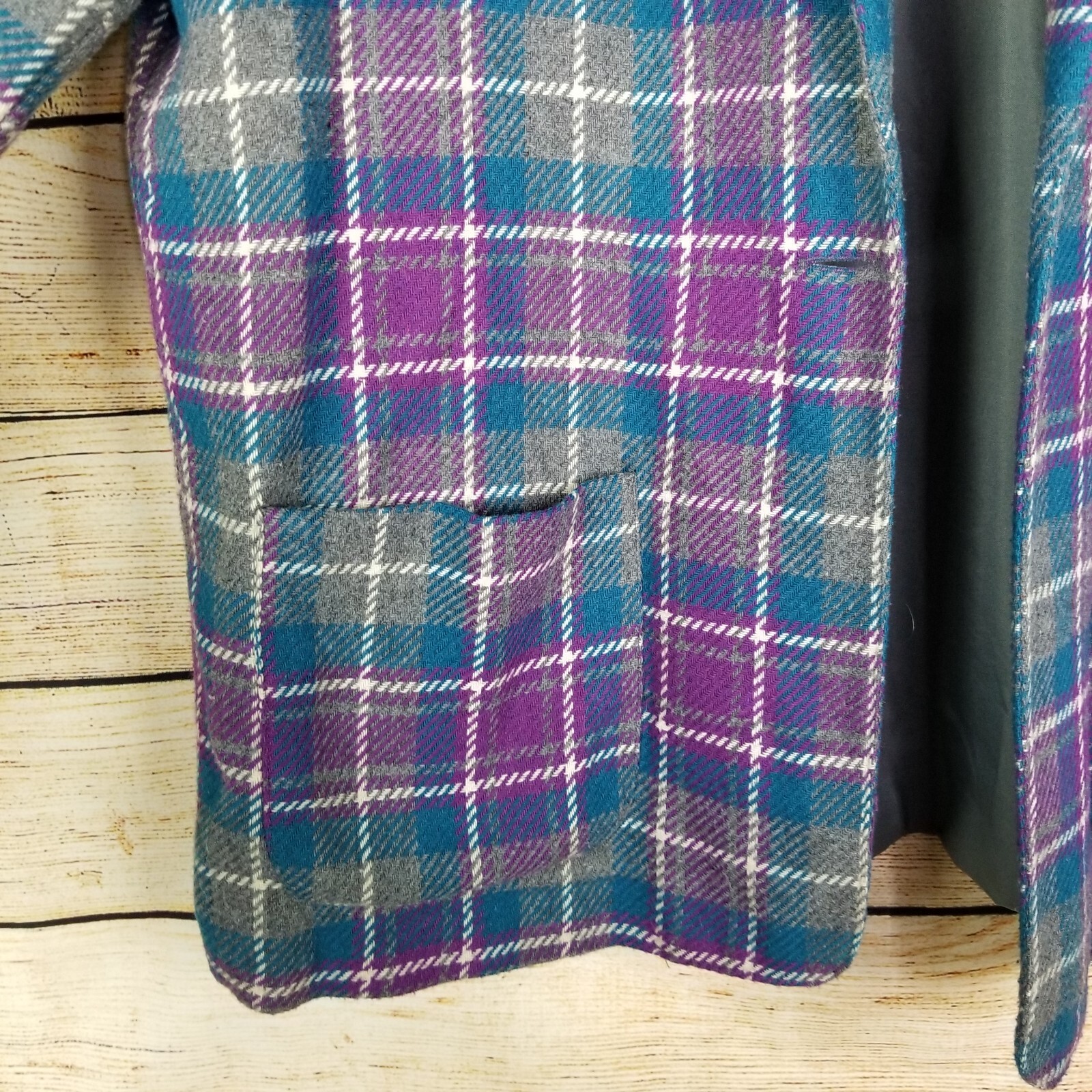 Vintage Xtrovert Blazer Jacket Size 16 Blue Gray & Purple Plaid Wool Blend