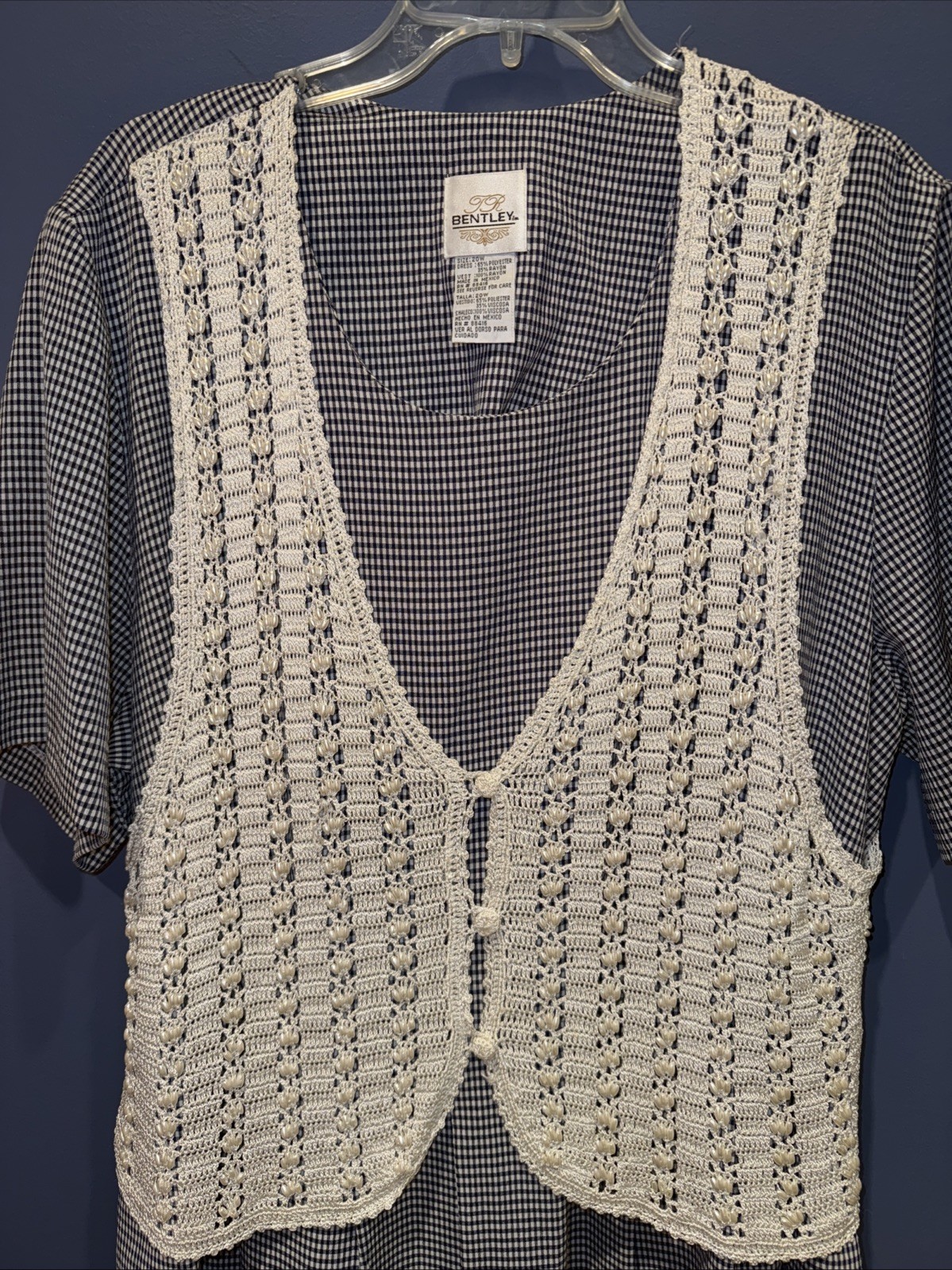 20W Dress With Crochet Vest And Pearl Details, Bentley Vintage Navy White