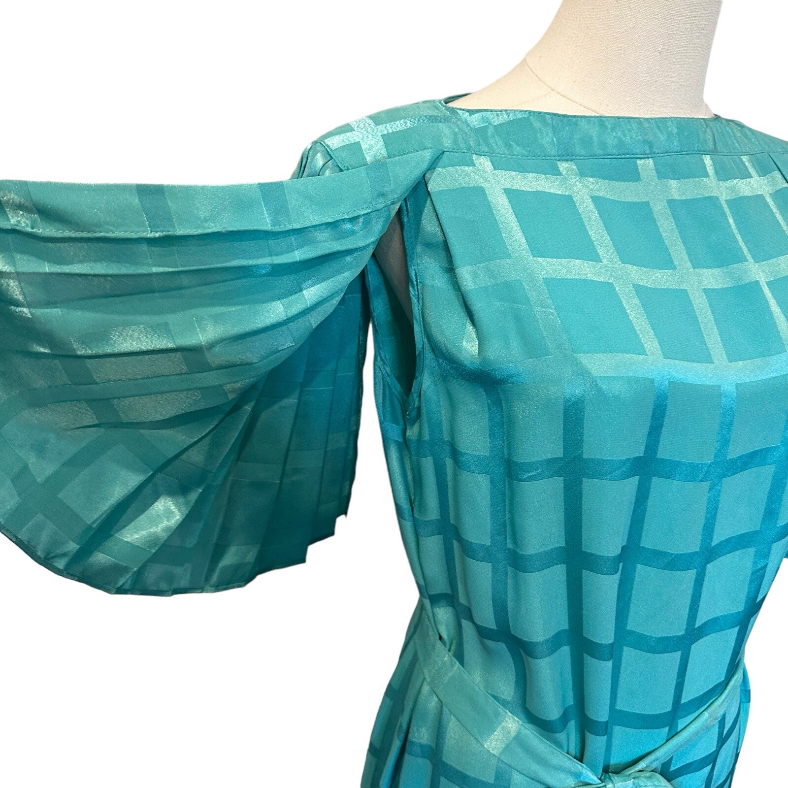 Vintage Teal Blue Windowpane Satin Midi Dress Pleated Flutter Sleeve Belted M