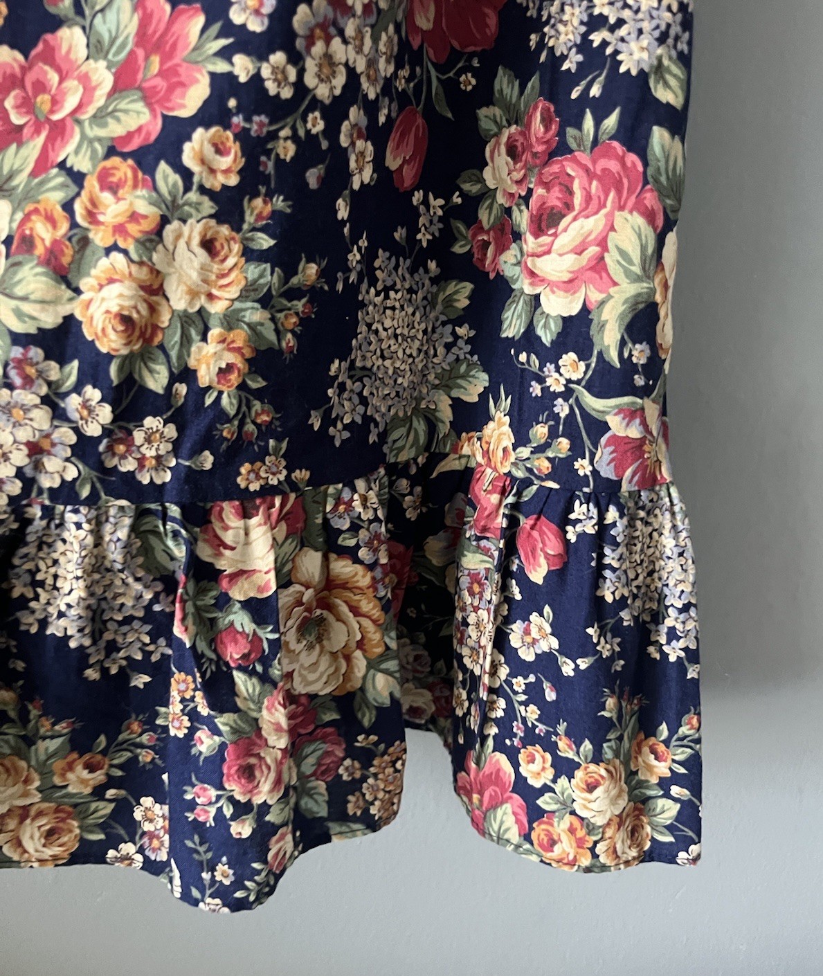 Vintage Prairie Dress Sz S Navy Blue Floral Laced Ruffled Willow Creek Cottage