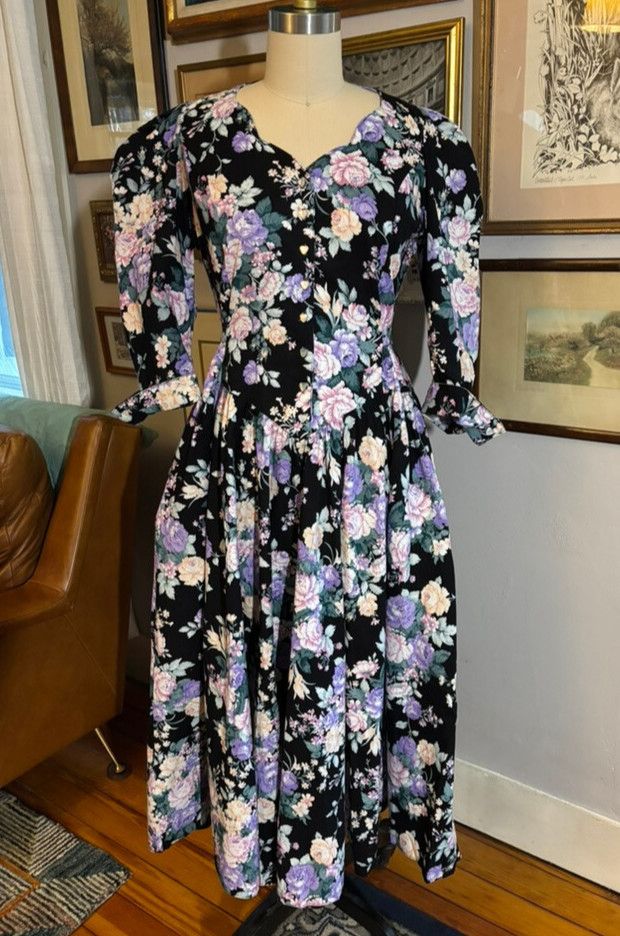 Vintage Miss Oops Cottagecore Floral Dress Basque Tie Waist Circle 80s 10 *READ