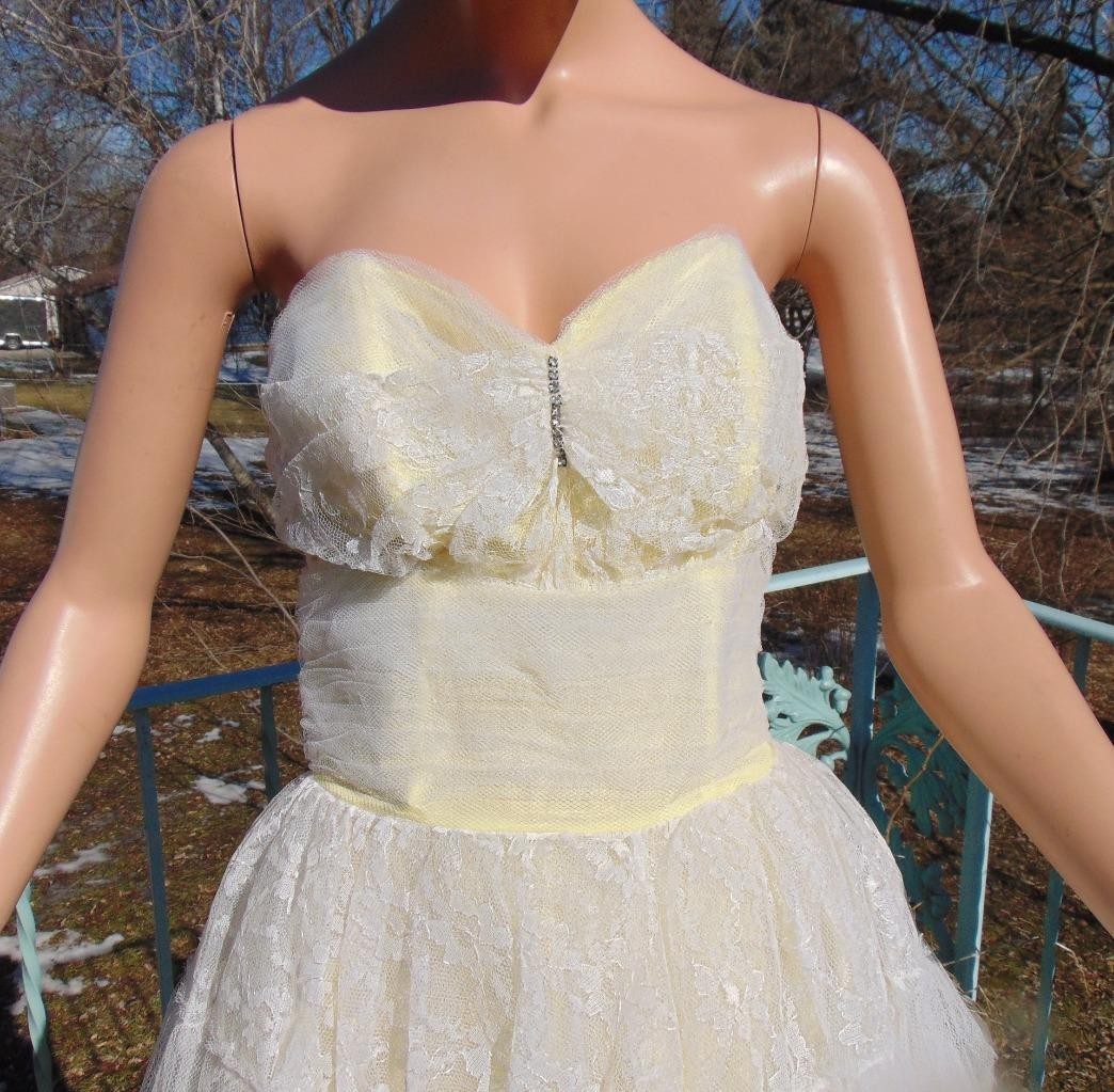 VTG 50s White & Yellow Tulle Chantilly Lace Strapless Prom Dress 24W