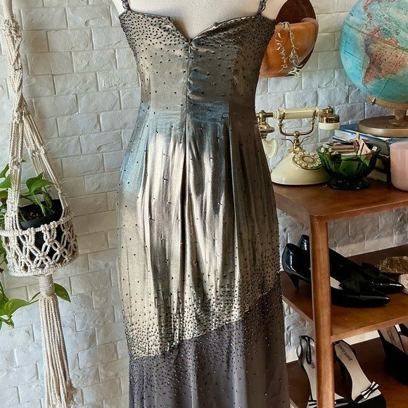 Vintage 1990s Y2K Cache Olive Satin and Chiffon Asymmetrical Hem Beaded Gown