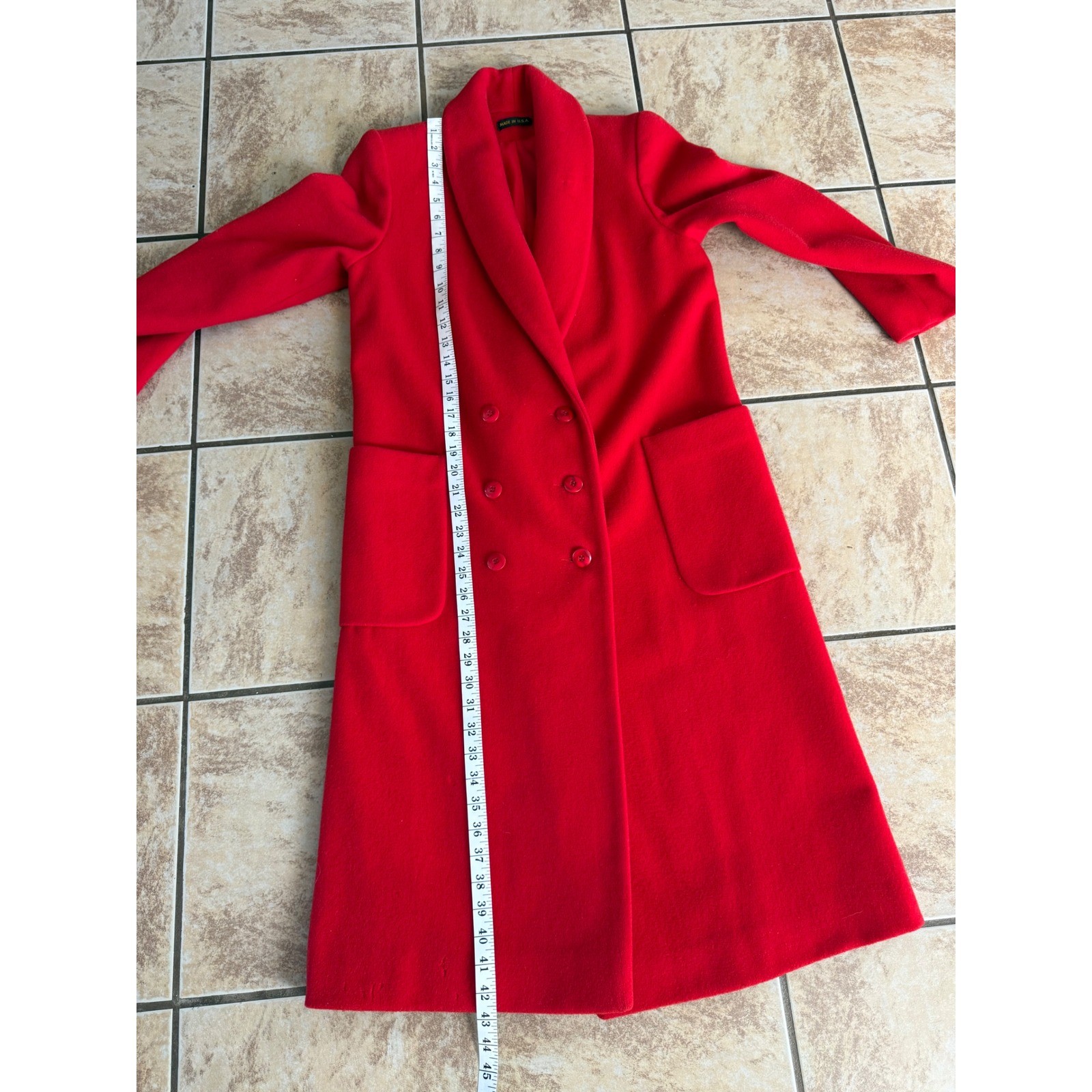 Vintage I Magnin Ethel Pear One Up Red Wool Shawl Collar Double Breasted Coat