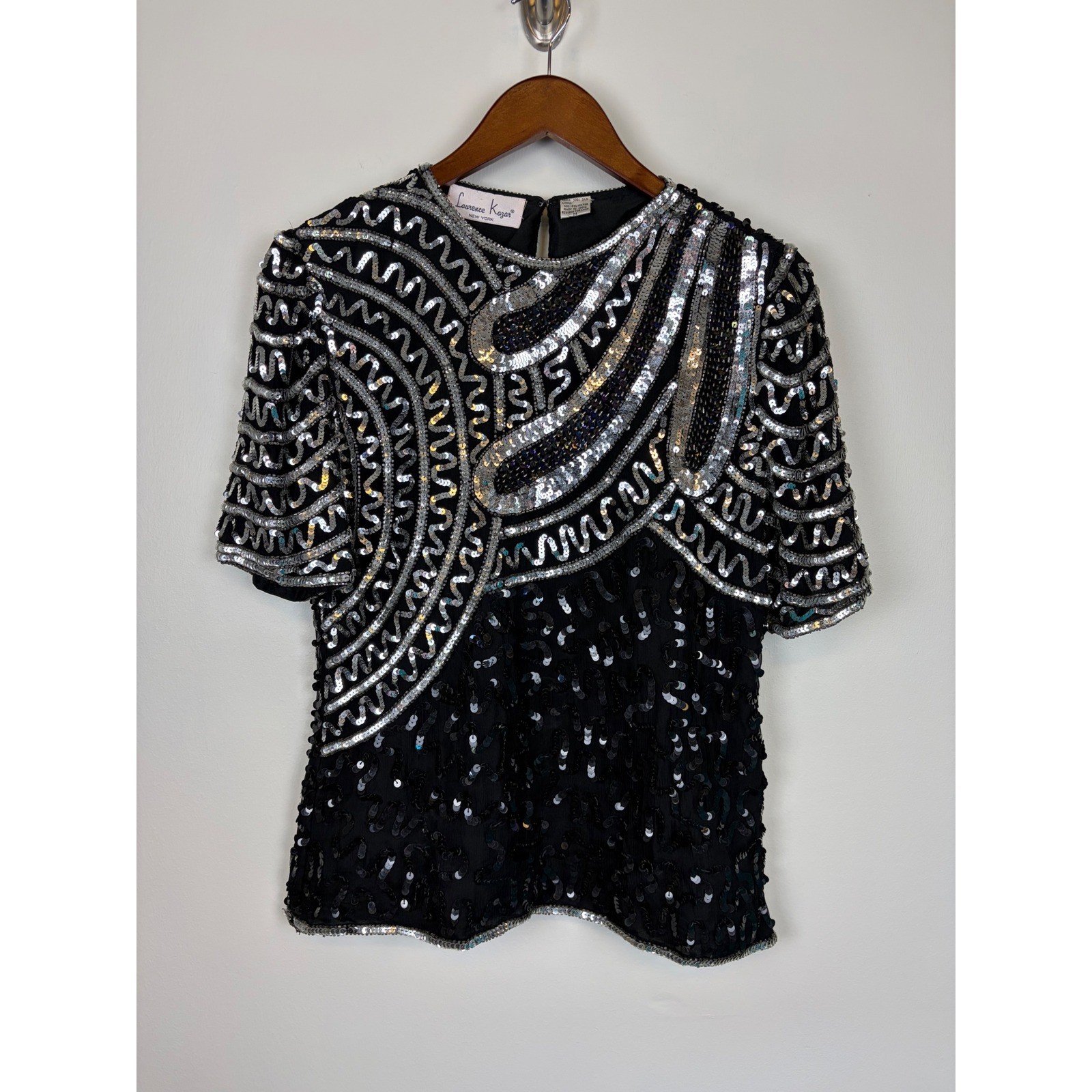 Laurence Kazar Sequin Top M Black Silver Vintage Beaded Silk Evening Party Glam