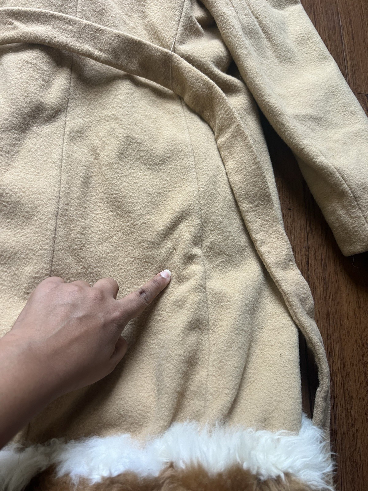 VTG 70s Penny Lane Wool Coat Faux Fur Collar Trim Belted Boho Princess Camel S