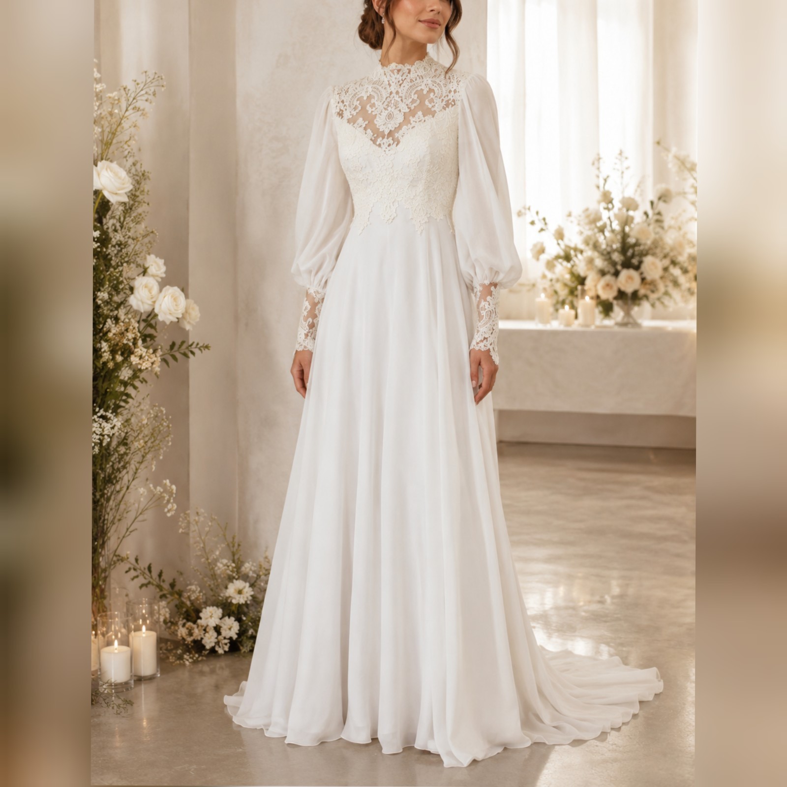 Bianchi Vintage 60s Ivory chiffon with Alencon lace trim Wedding Dress sz 8