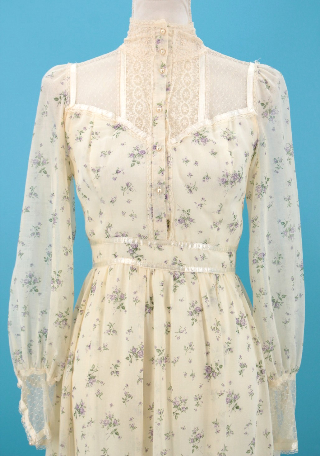 Vtg Women’s 70s Gunne Sax Cream & Purple Floral Maxi Prairie Dress XS/S 1970s