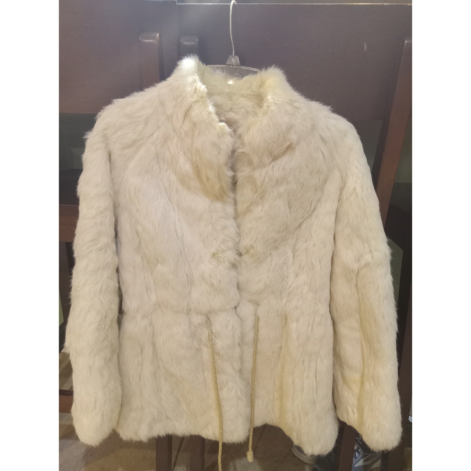 Vintage Real Rabbit Fur Jacket Cream Ivory Cinched Waist Coat Korea Small