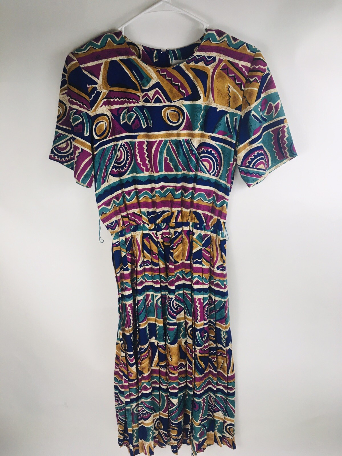 Another Thyme Dress Women’s Size 8 Multi Color Shoulder Pad Geo Pattern Pleated