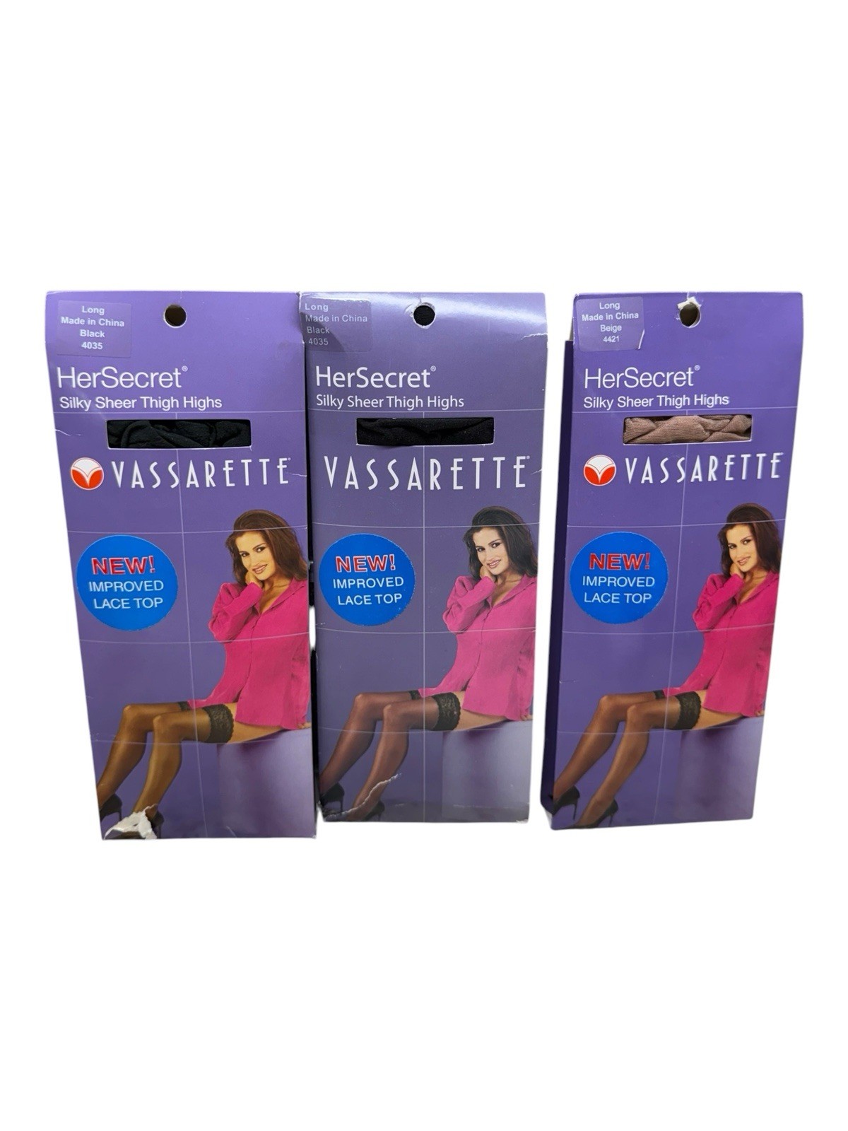 3pr Vassarette Silky Sheer Thigh High Stockings Size Long Beige Black Open Pkg