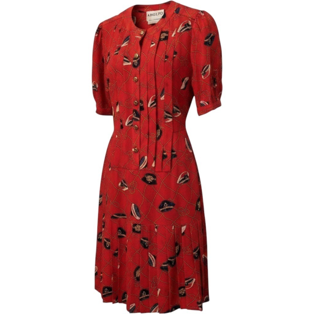 Adolfo Fine Feathers Red Nautical Dress Captain Hat Rope Print Vintage 80s