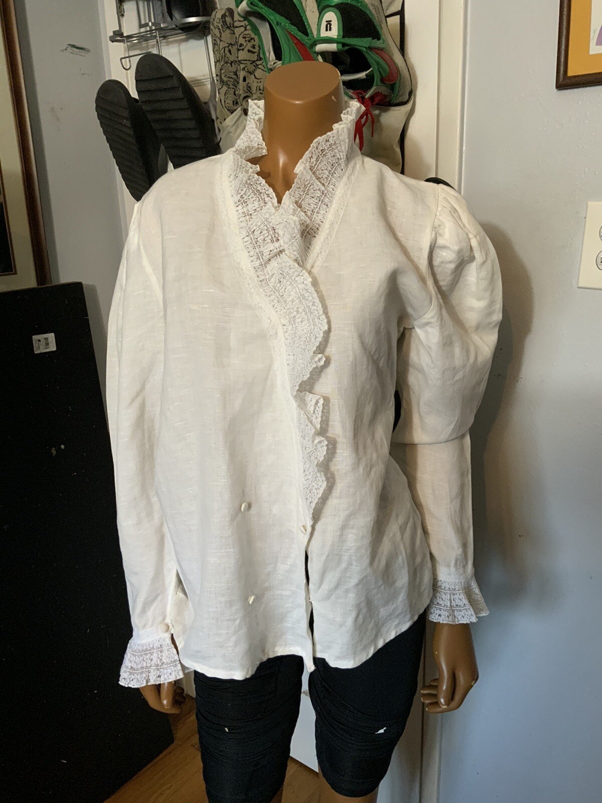 VTG Gary Frederic Cottage Core Victorian Style Lace Double Breasted Button Shirt