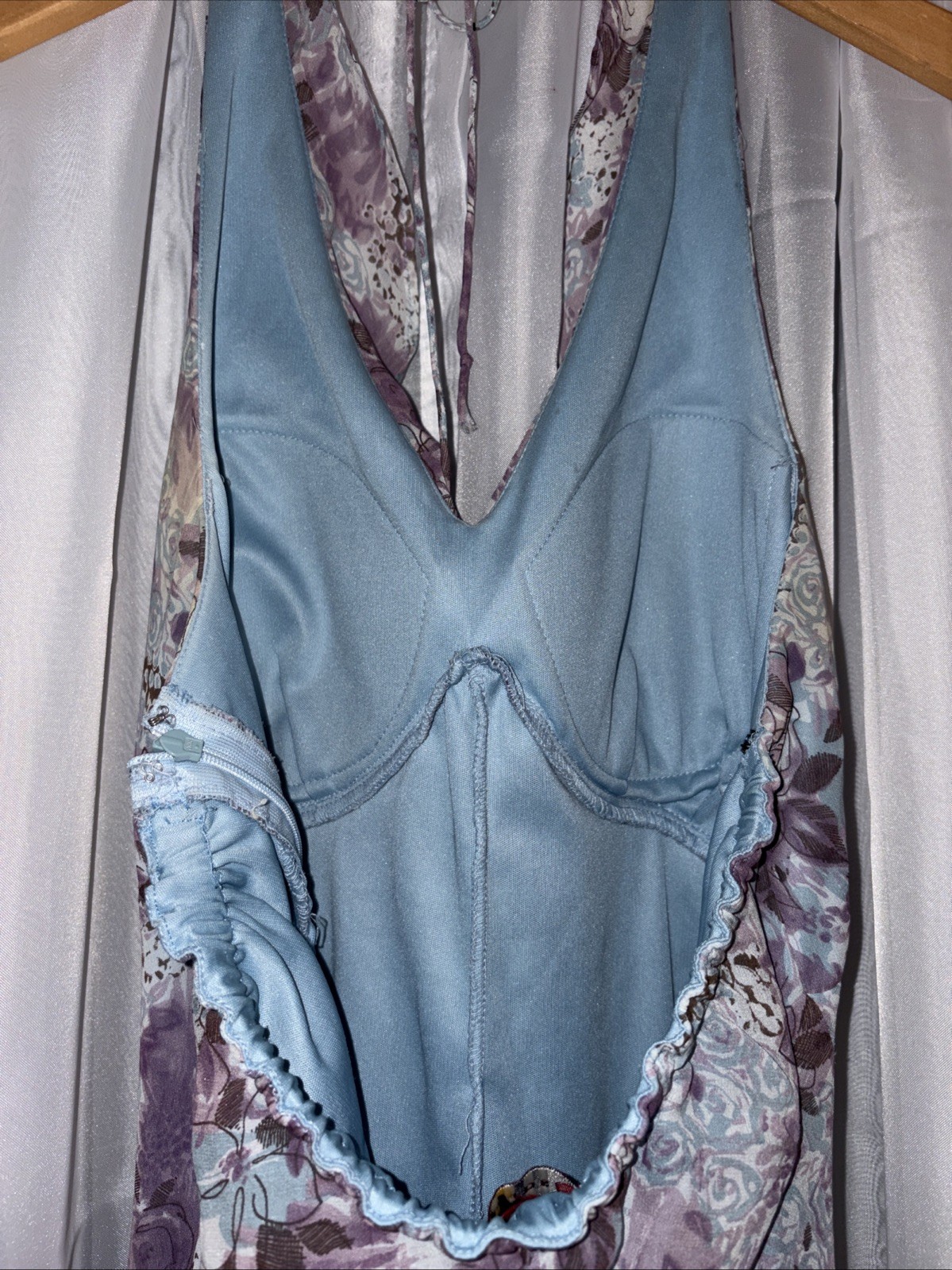 Vintage Y2K 90s Purple 100% Silk Ruffled Halter Dress Sangria Sz 10 Day Evening