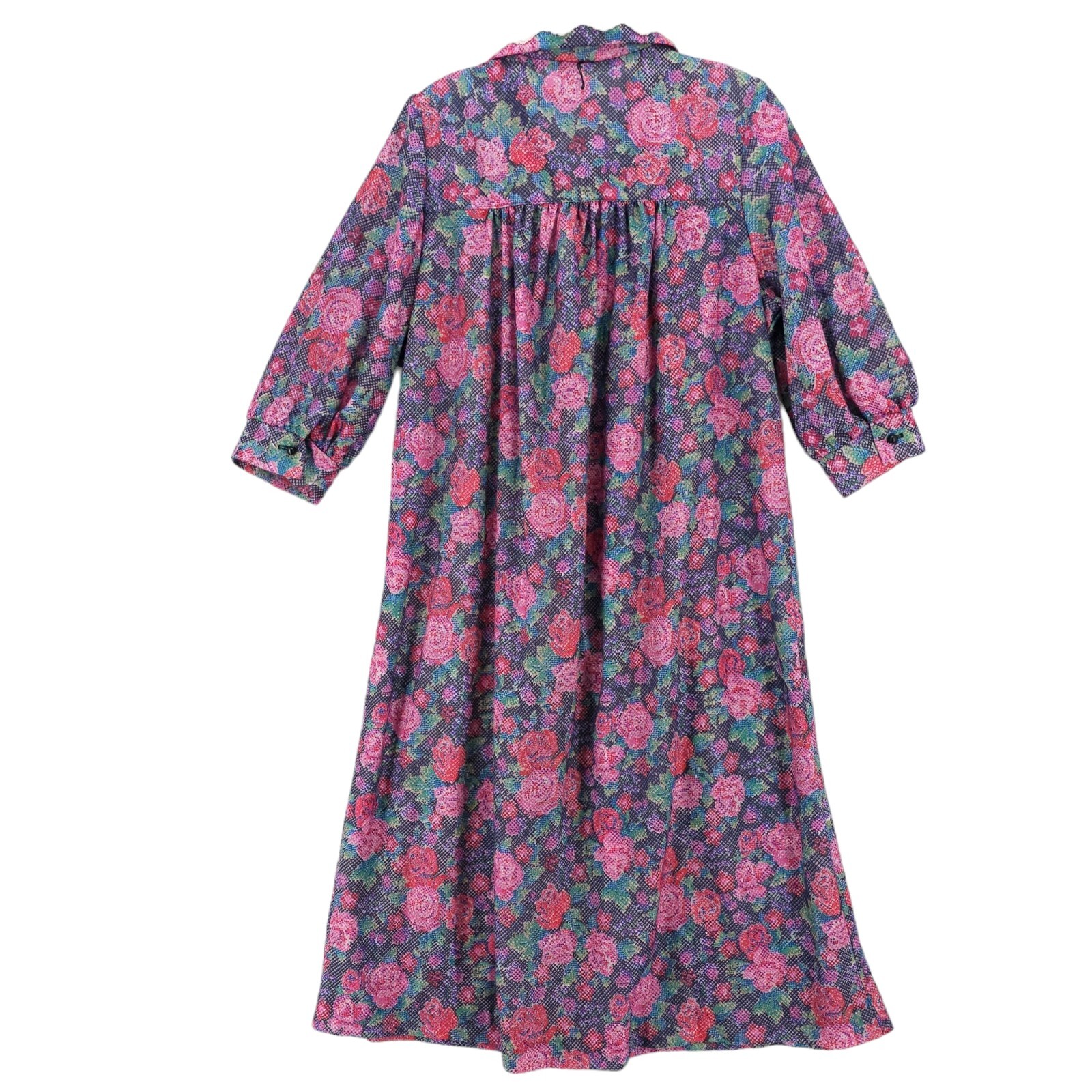 SEARS Vintage House Dress Floral 3/4 Sleeve Lace Trim Collar Size 14 1/2