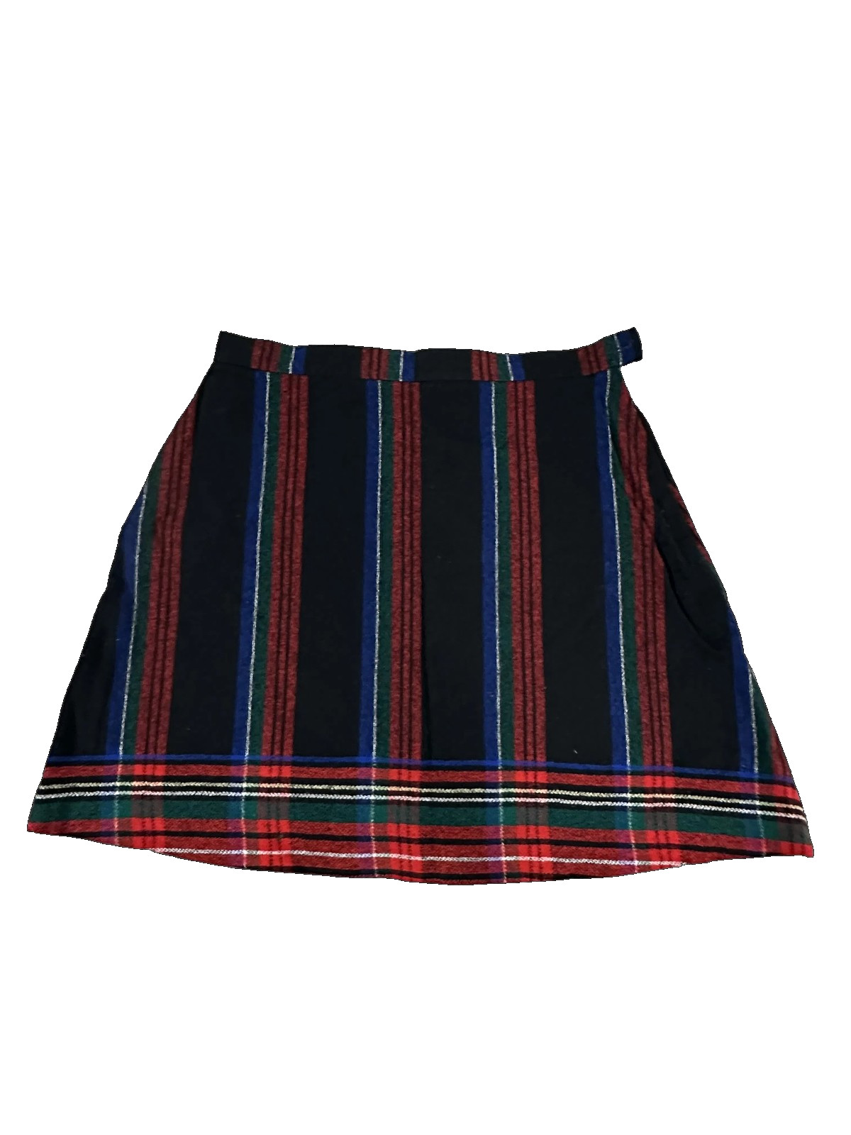 Vintage 60s 70s Red Blue Green Tartan Plaid Pleated Wool Wrap Kilt Style Skirt