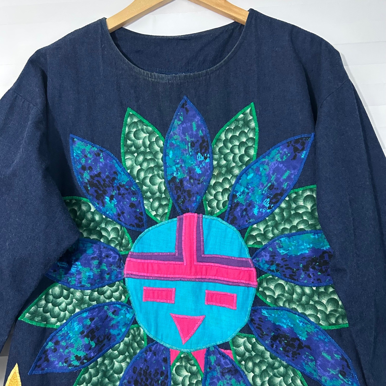 VTG Alfredo’s Wife Indigo Denim Applique Sun Deity Kachina Dress Pockets Blue