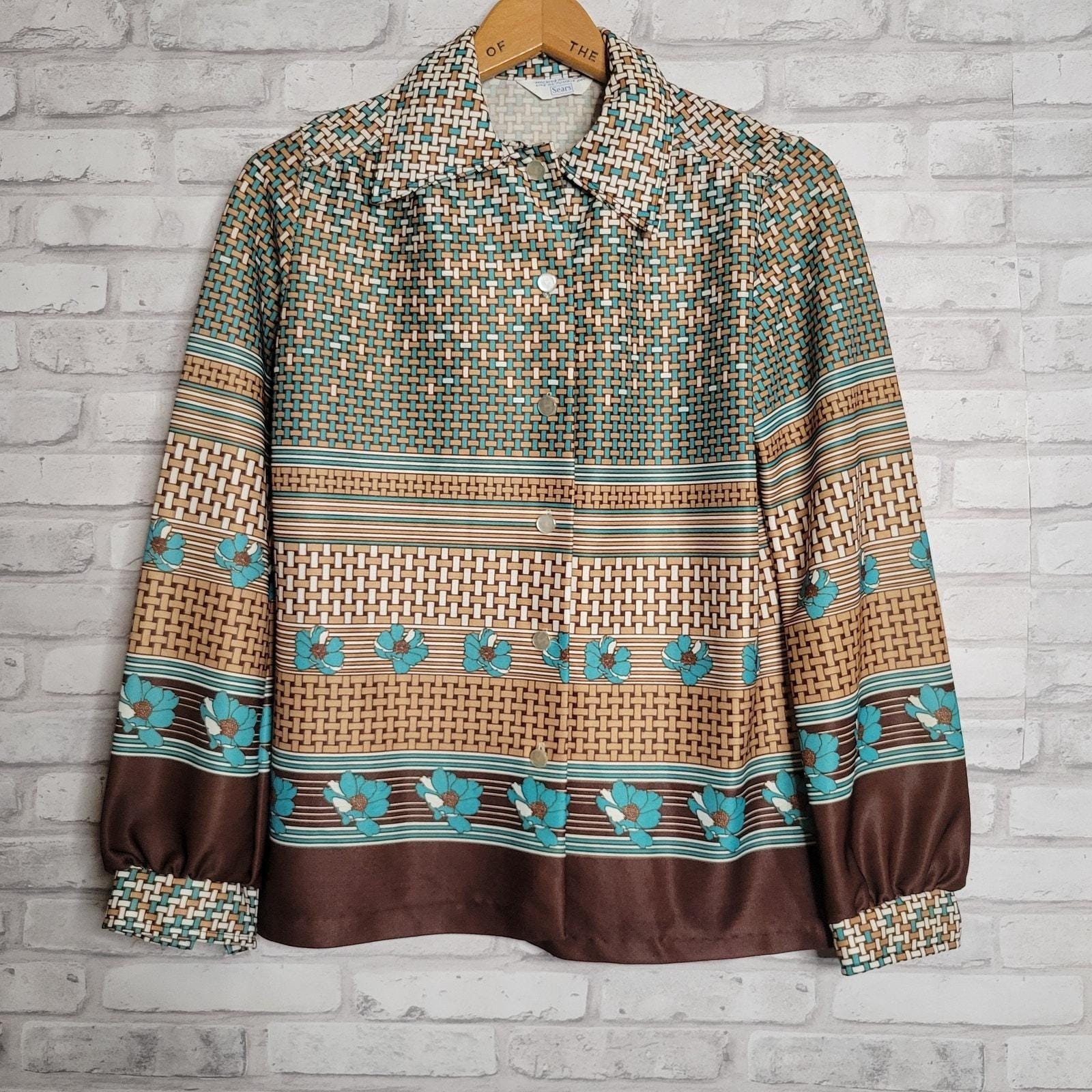 Vintage 1970s Blouse Shacket brown aqua Sz M pop art floral mod hippie