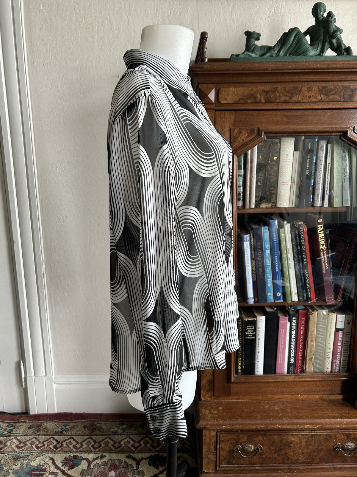 Vintage 1990s Y2k Sheer Black & White Op Art Button Up Blouse Deco Raver Med Lg