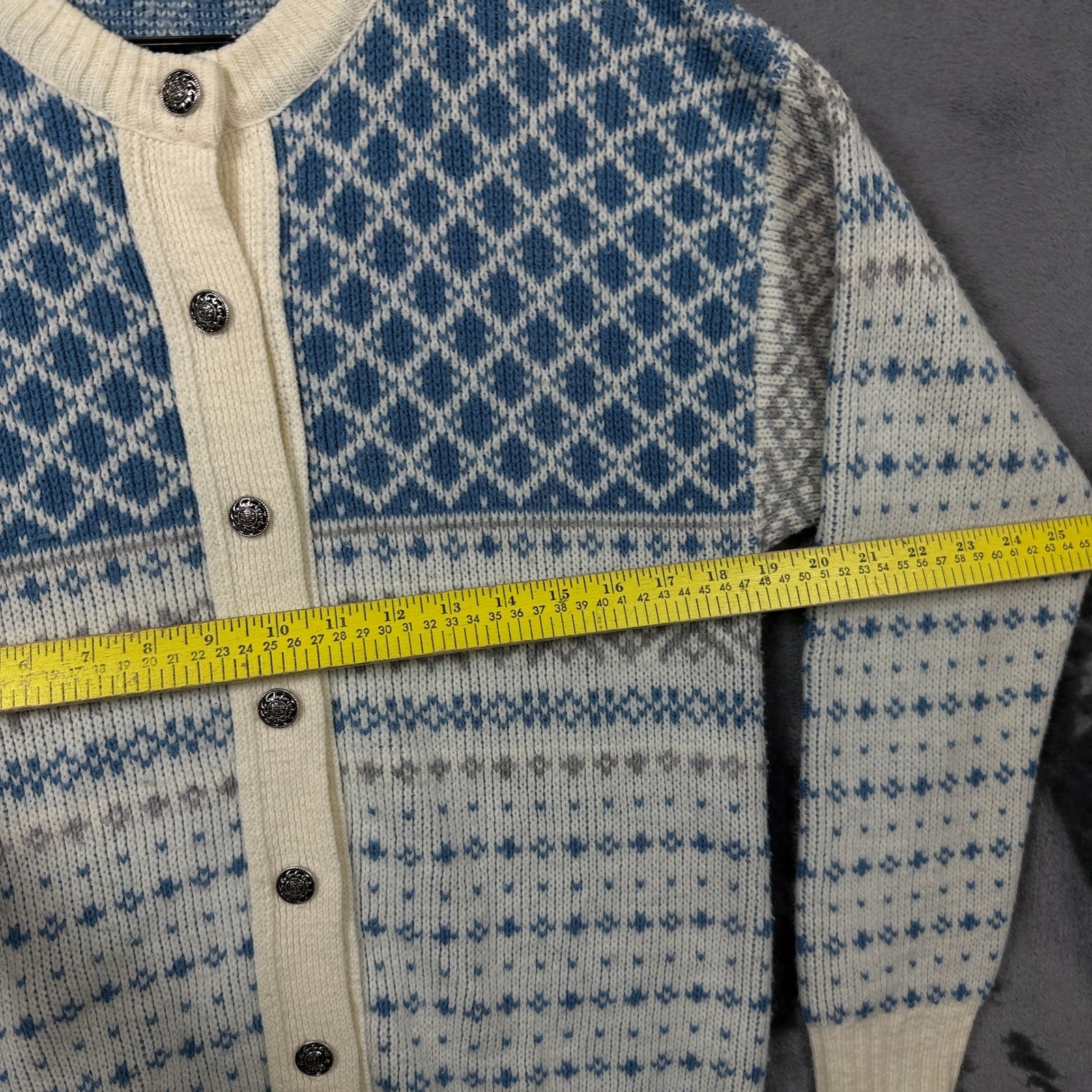 Jersild Cardigan Sweater Women 40 Blue Fair Isle Knit Vintage Made in USA Button