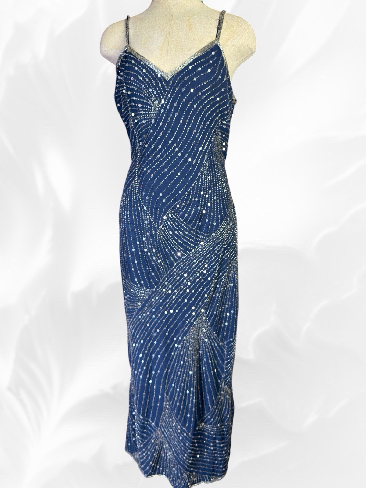 Laurence Kazar Vintage 80s 90s Navy Blue Beaded Sequin Formal Gown Dress L