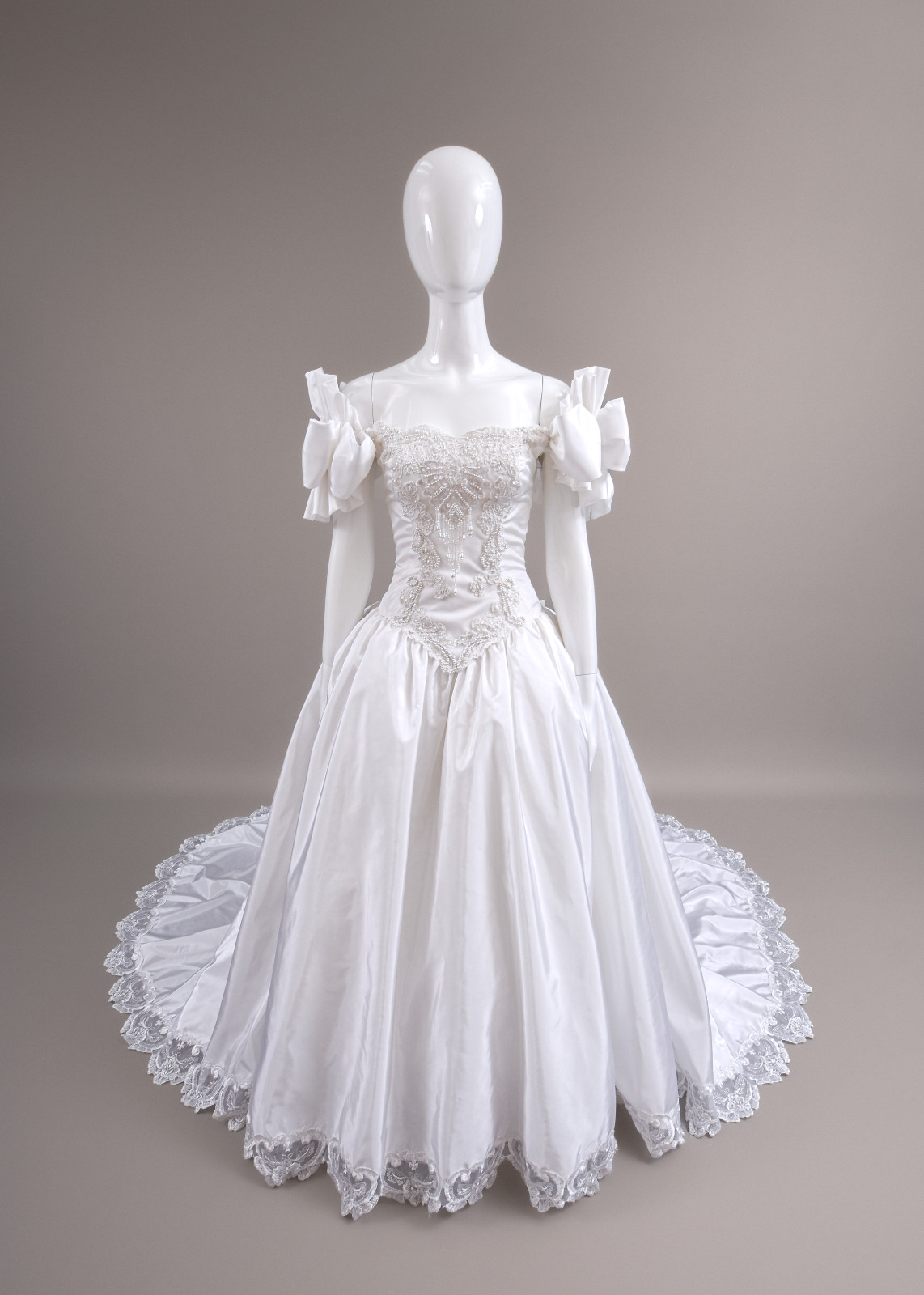 1990s Off-The-Shoulder Beaded Taffeta Satin Wedding Dress, W/Cathedral Train 2/4