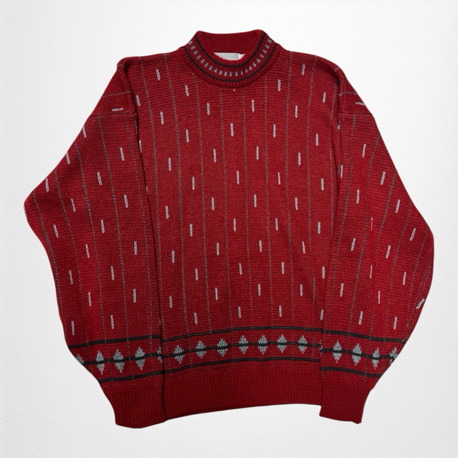 Vintage McGregor 1980s Red Knit Sweater Vertical Stripe Pattern Acrylic Large