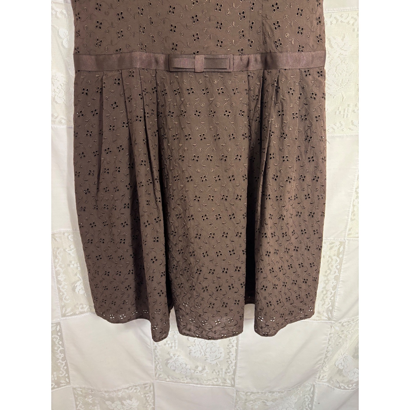 VTG Brown Cottage Twee Bow Front Babydoll Cotton Eyelet Midi Dress Size XL