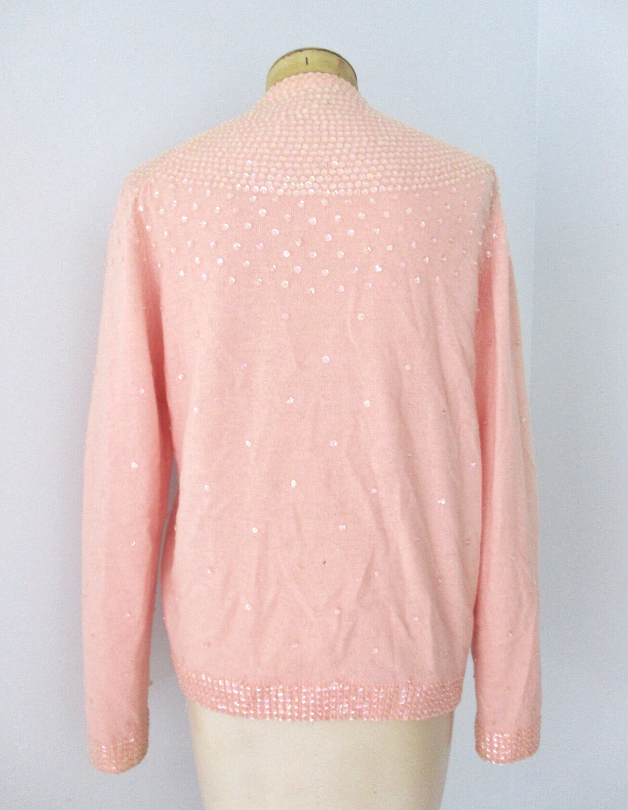 Vtg 50s pink lambswool? clear sequin bombshell cardigan sweater lined 40