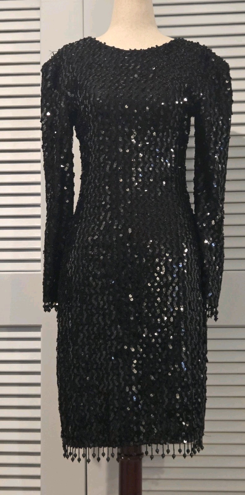 Glenrob Black Sequin Beaded Fringe Hem Long Sleeve Vintage Dress
