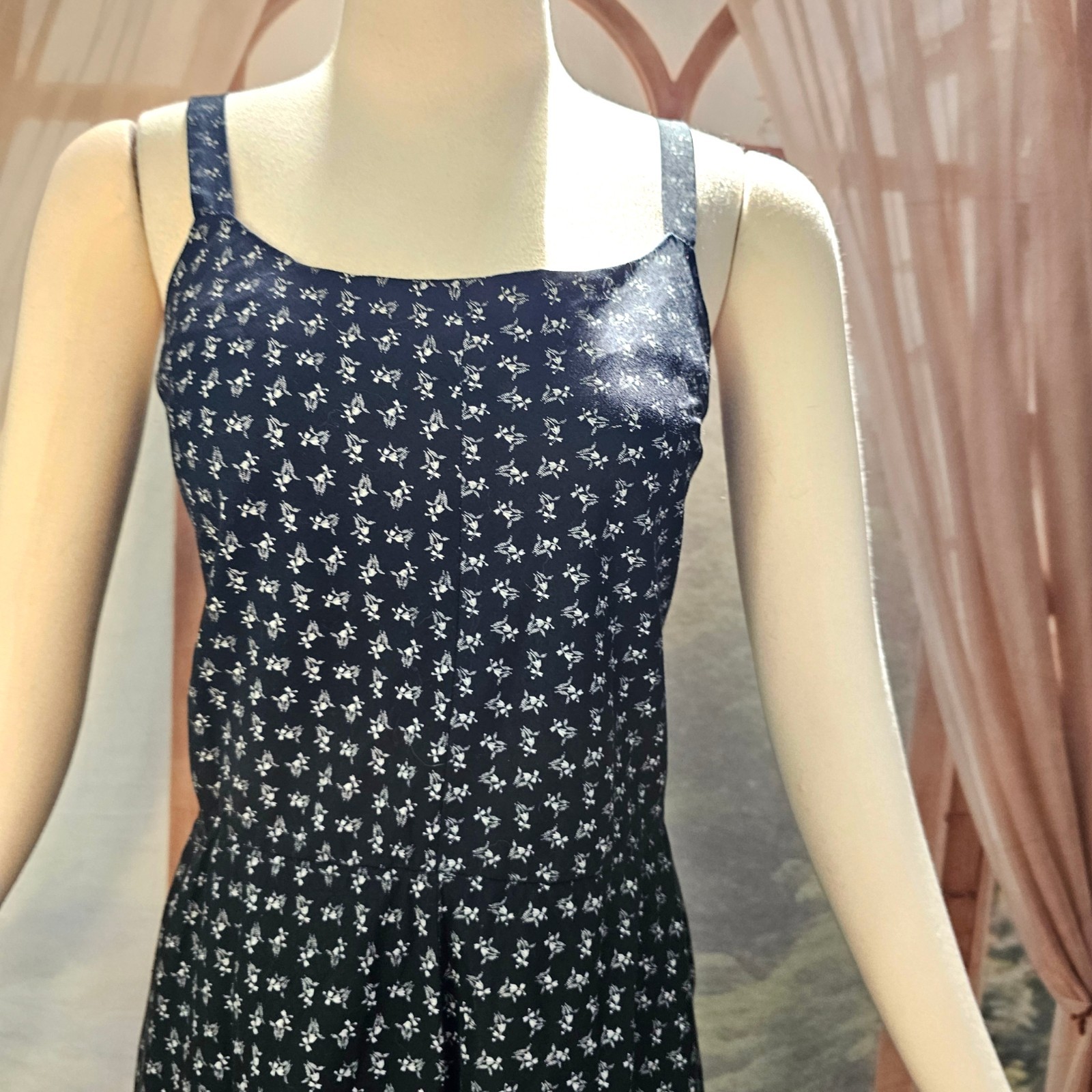 Vintage 1970s Dress Sundress Sleeveless Black White Calico Floral Print Boho