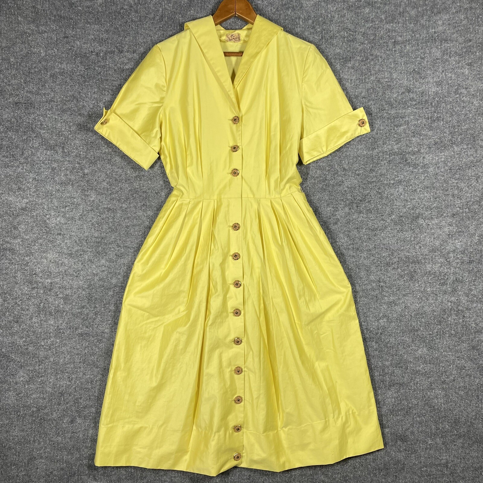 VINTAGE 50s Town & Country Club Dress Small Polished Cotton Day Tea Swing Yellow
