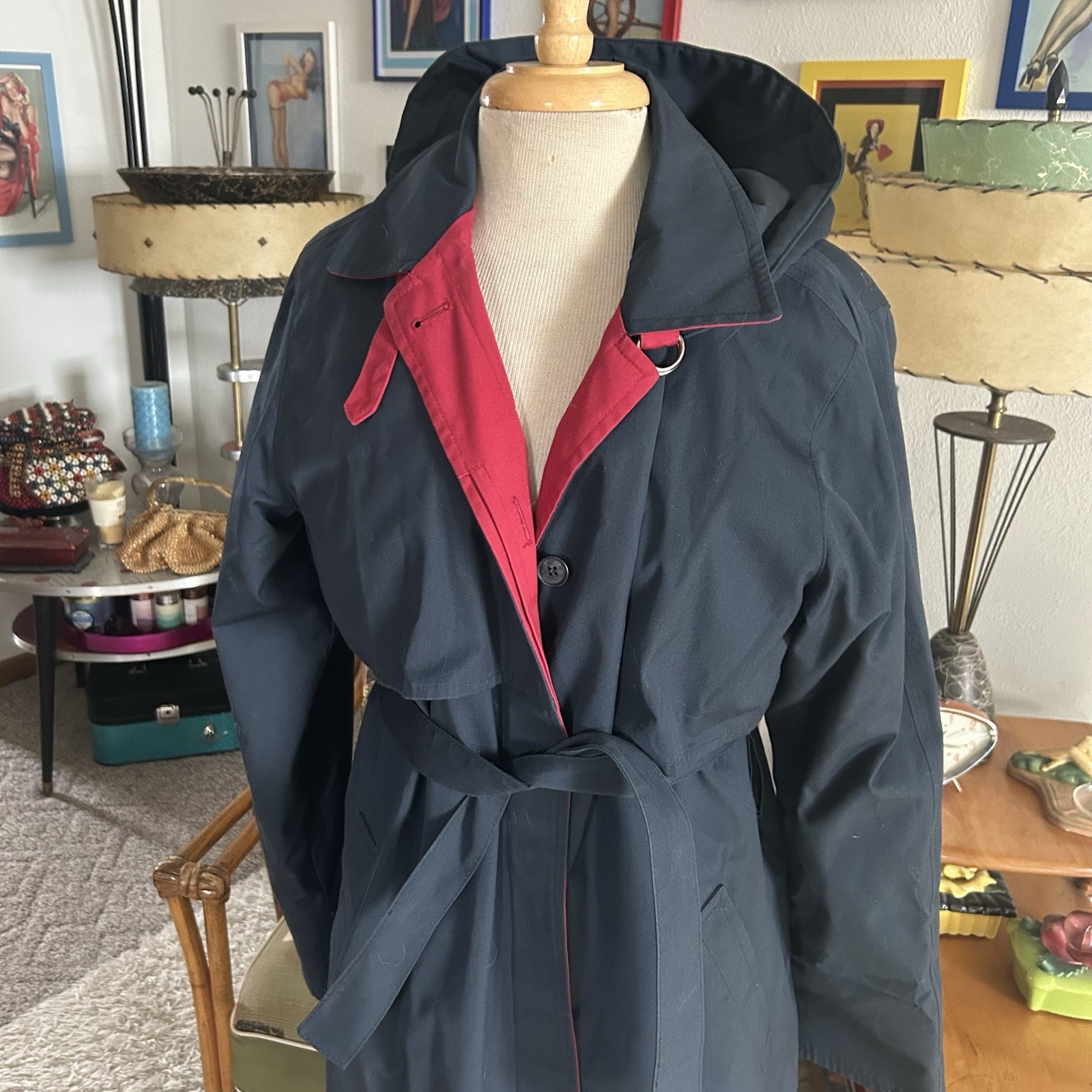 Vintage 1940s style Coat | Navy Blue | Hood | Trench | Belted | M L | 40s | 80s