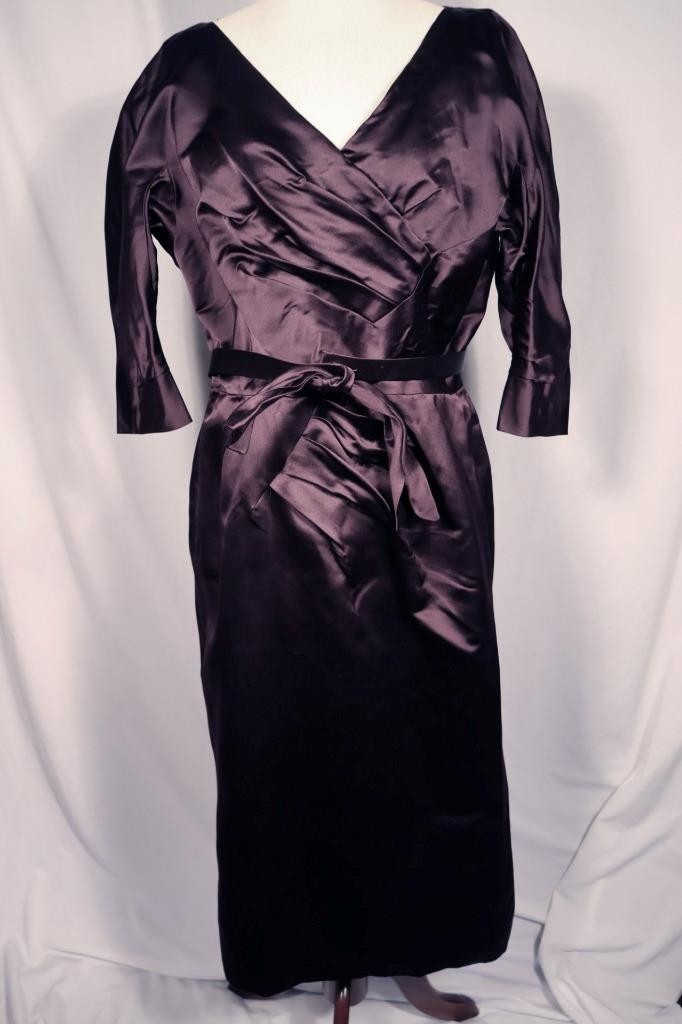 Vintage 1956 Bergdorf Goodman Dark Purple Couture Silk Satin Dress Size 14-16