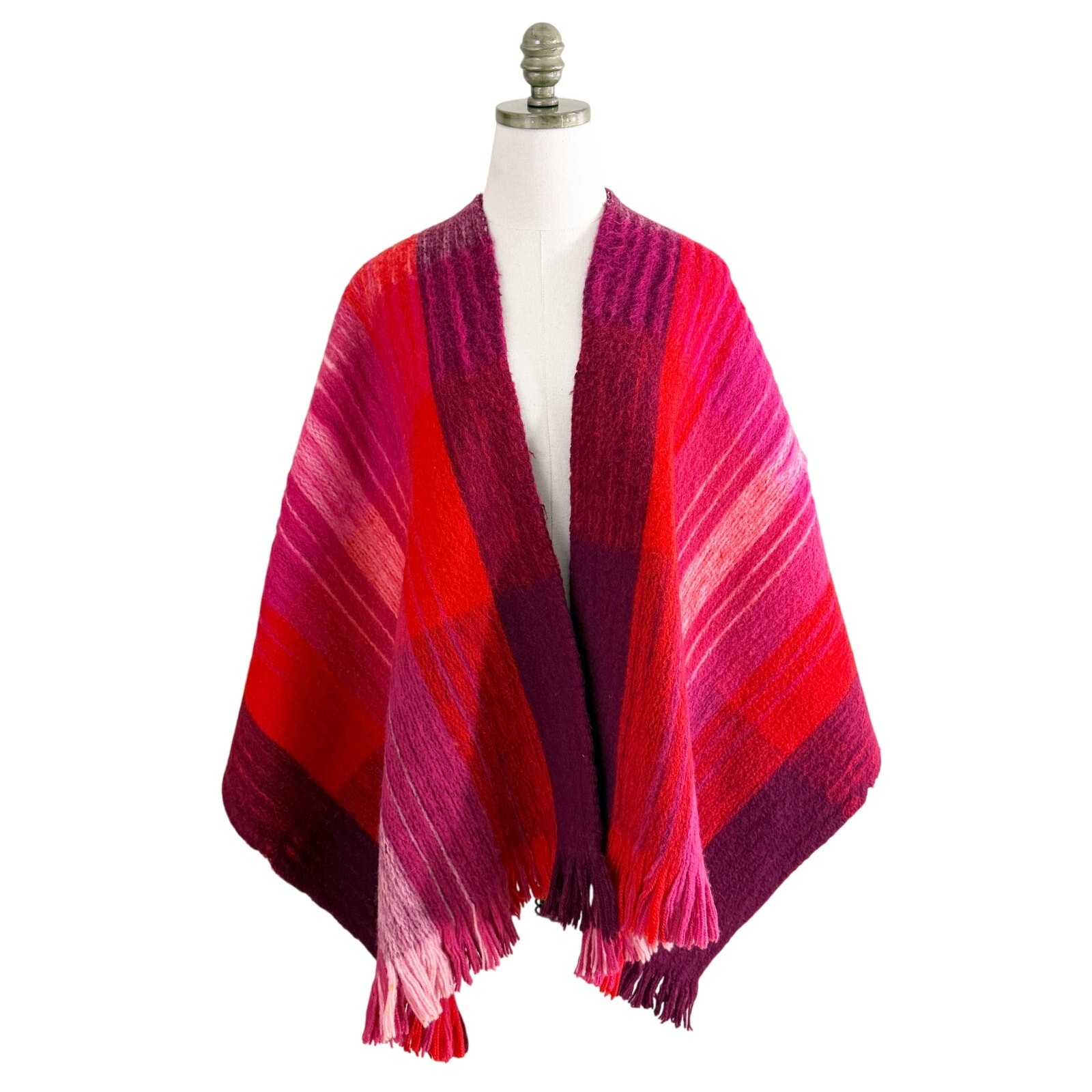 Vintage Permanos Red/Pink Striped Wool Wrap Women’s One Size EUC Fringe Detail