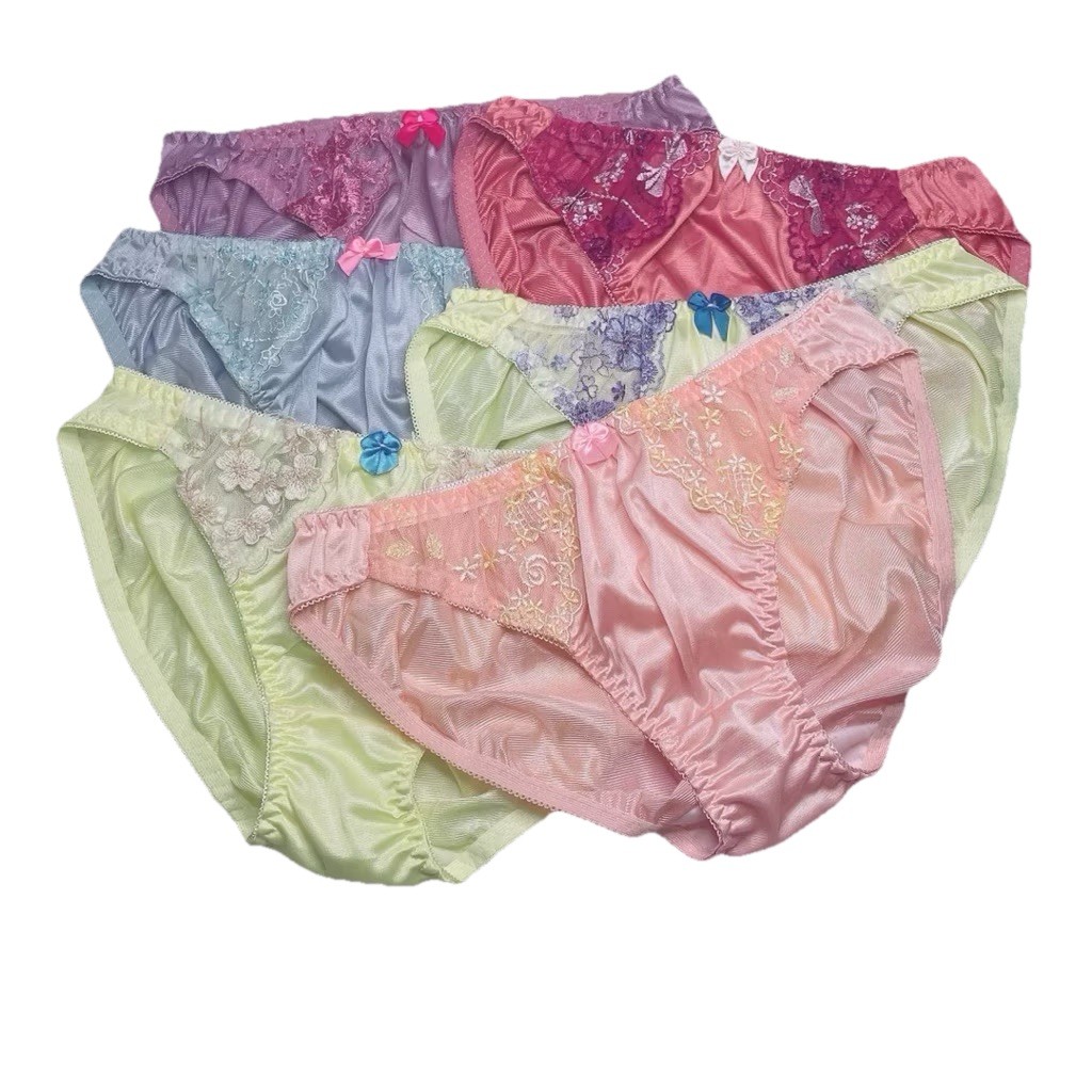 6x Feminine Satin Lingerie Slippery Panties Lace Bikini Floral Embroidery Nylon