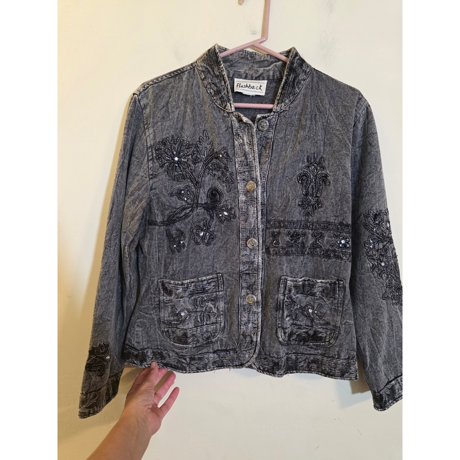 Flashback Vintage Acid Wash Denim Jacket Embroidered Beaded Floral Black Womens
