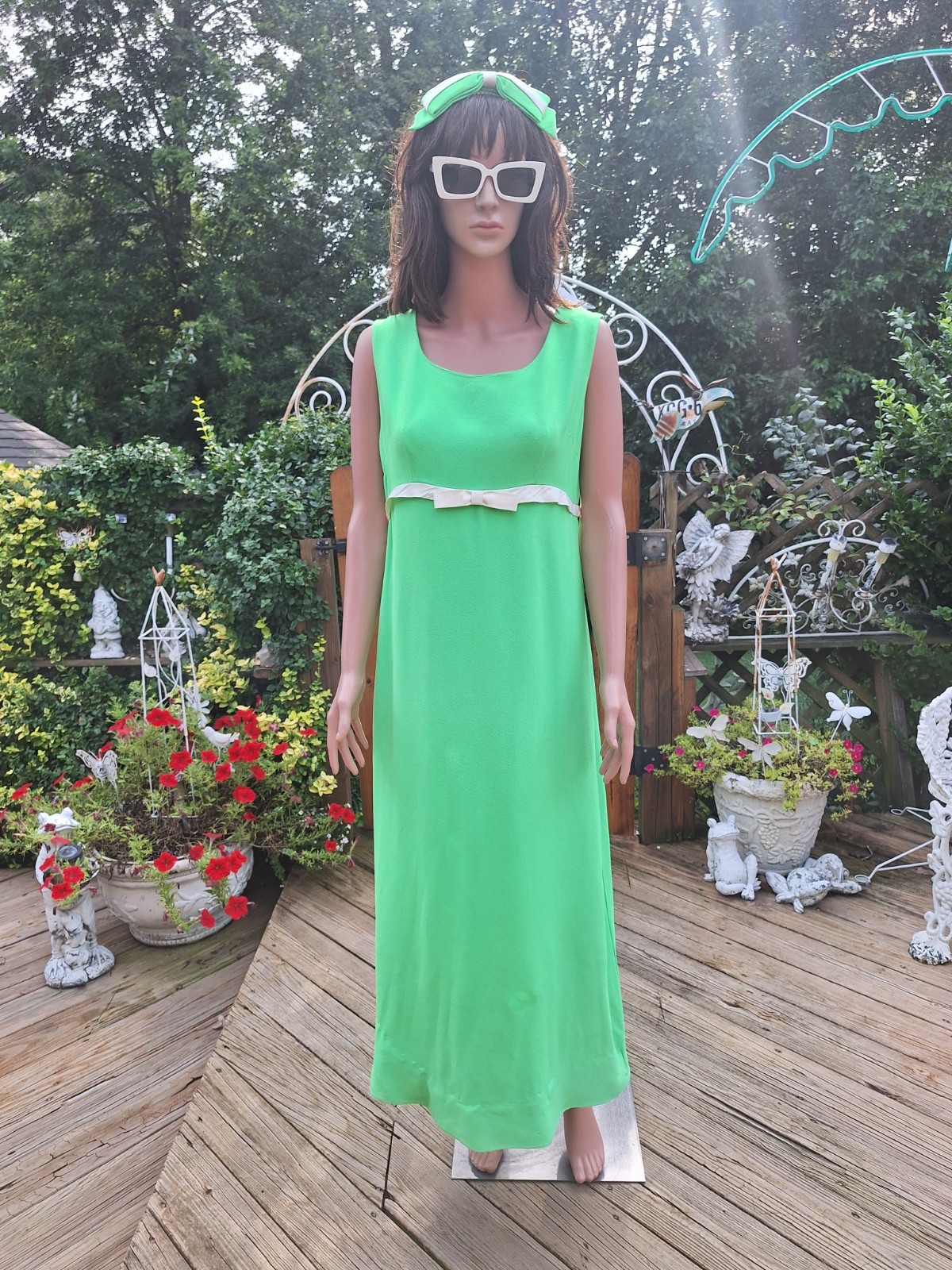 True VTG Mid-century Mod 1960s Crepe Empire Waist Bridesmaid Maxi Dress M/L Bow