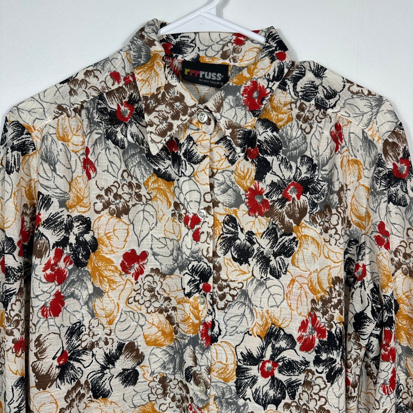 Russ Togs Floral Blouse Womens M Multicolor Excellent Vintage 70s Button Up