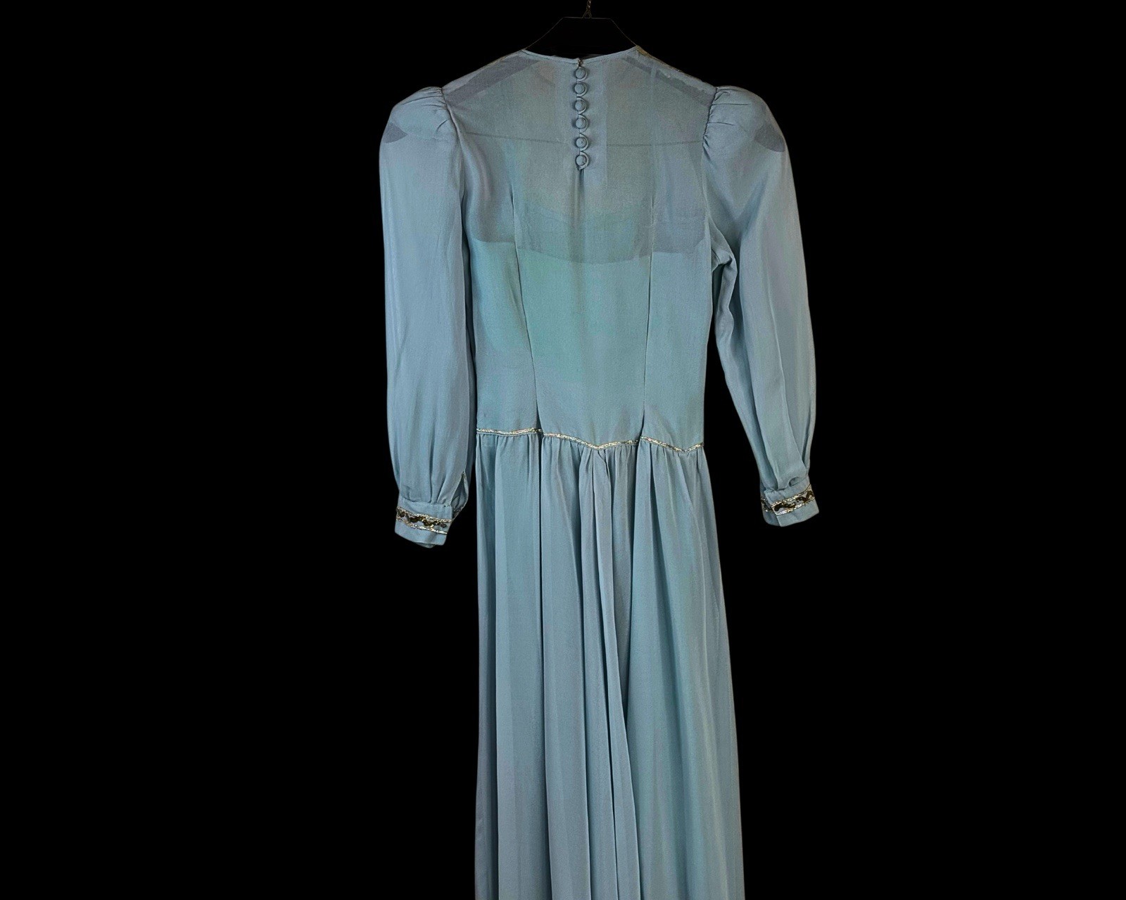 1940s Soft Blue Rayon Crepe and Lace Sequin embellished Strong Shoulder | XXS