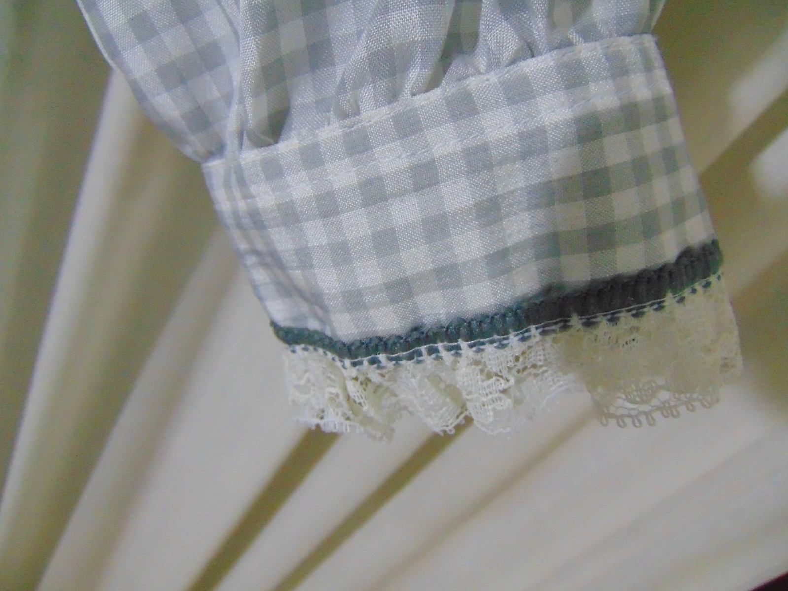 1970s Blouse -M- Gray/White Gingham Check-Lace Trim-VG-VICTORIAN LOOK- SALE